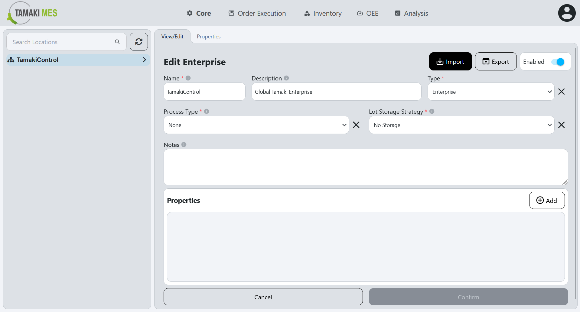 Locations Page with the import button highlighted when editing a location