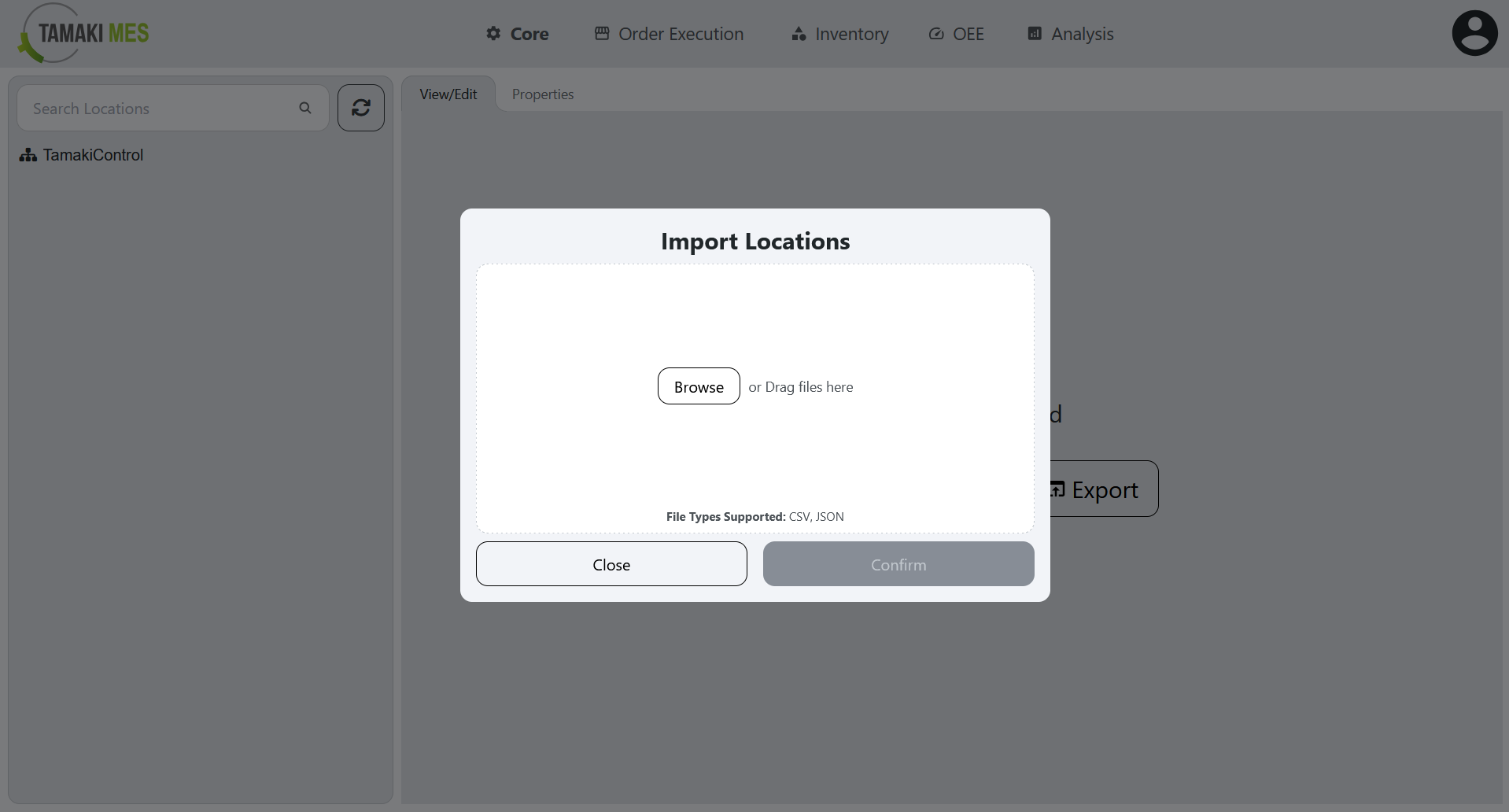 Locations Page with an import menu popup