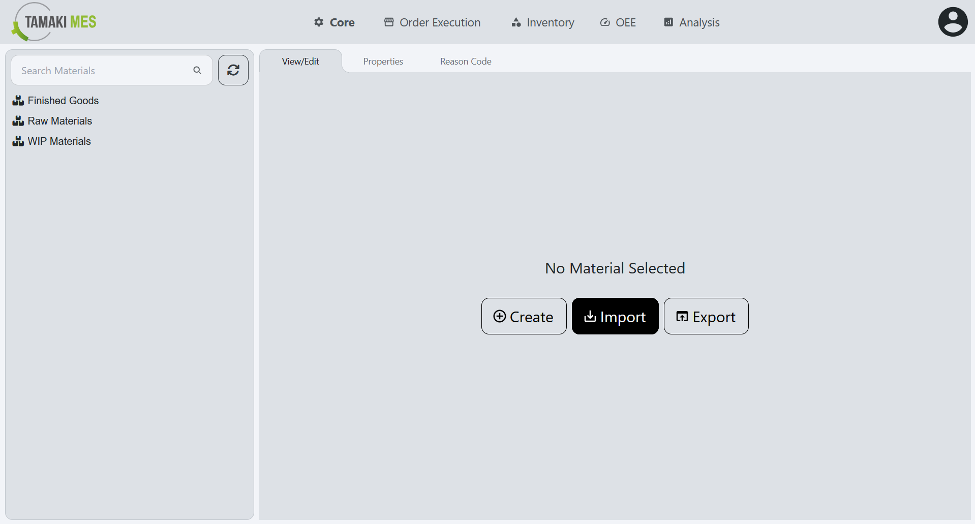 Materials Page with the import button highlighted on the default page