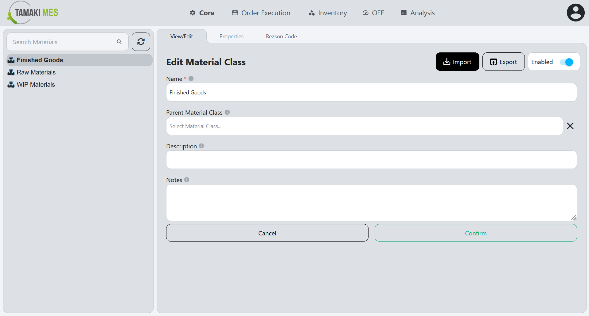 Materials Page with the import button highlighted when editing a material