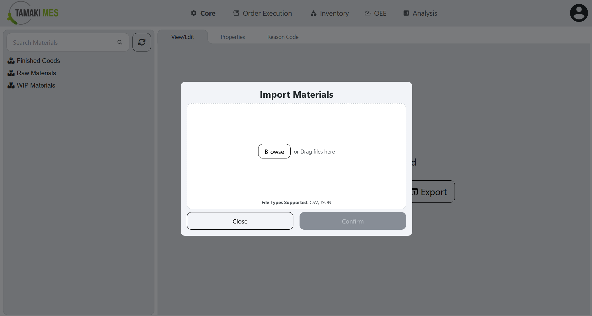 Materials Page with an import menu popup