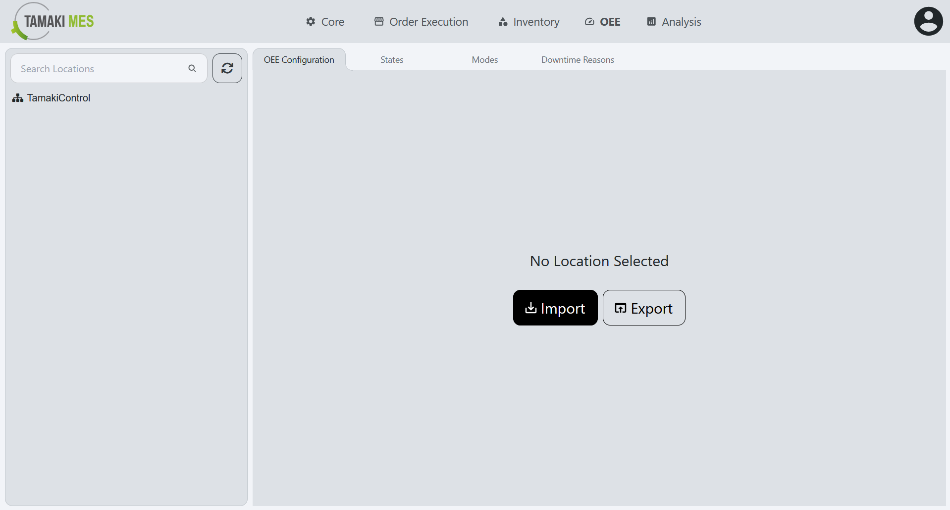 OEE Configuration Page with the import button highlighted on the default page