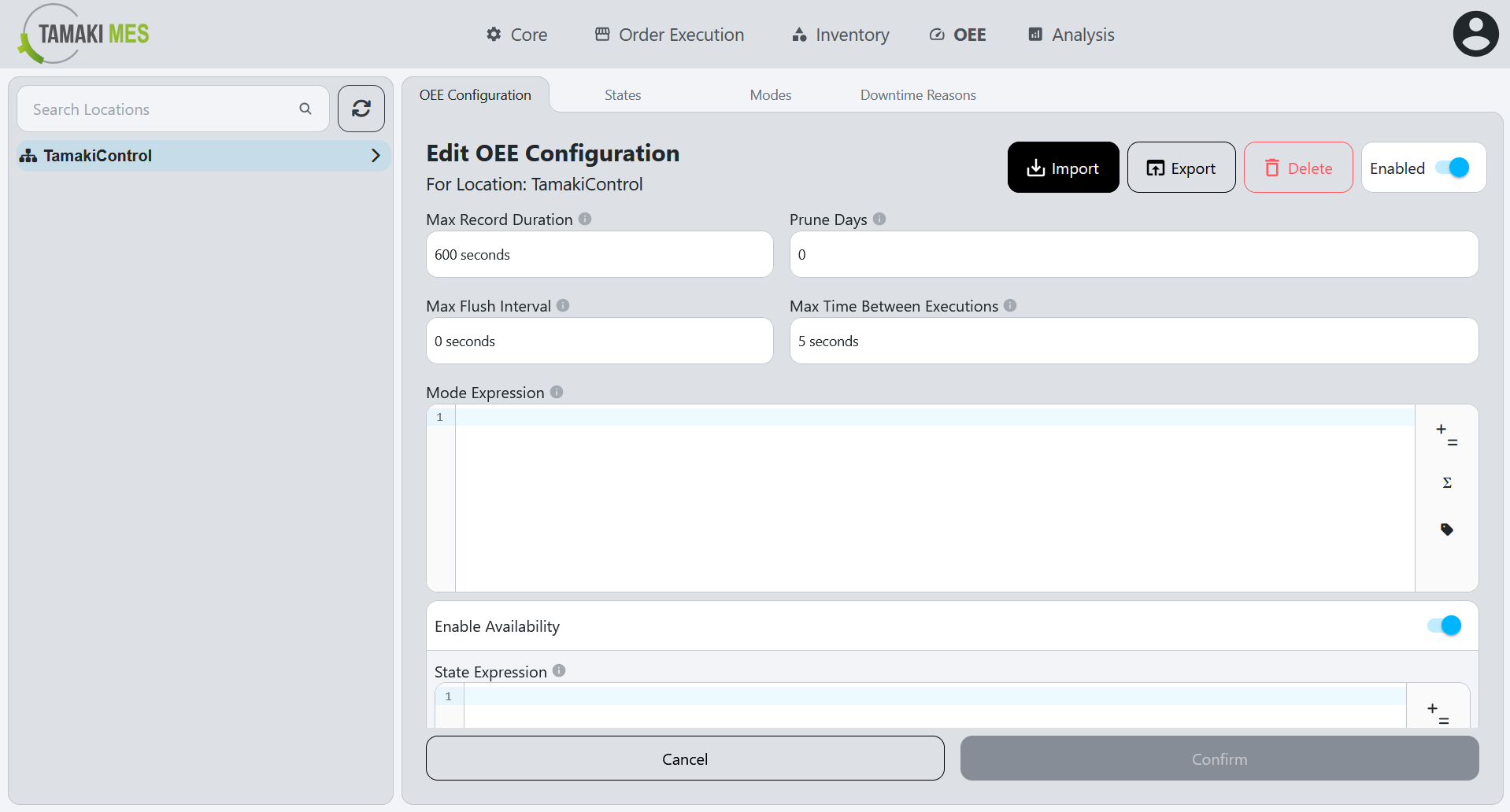 OEE Configuration Page with the import button highlighted when editing an OEE configuration