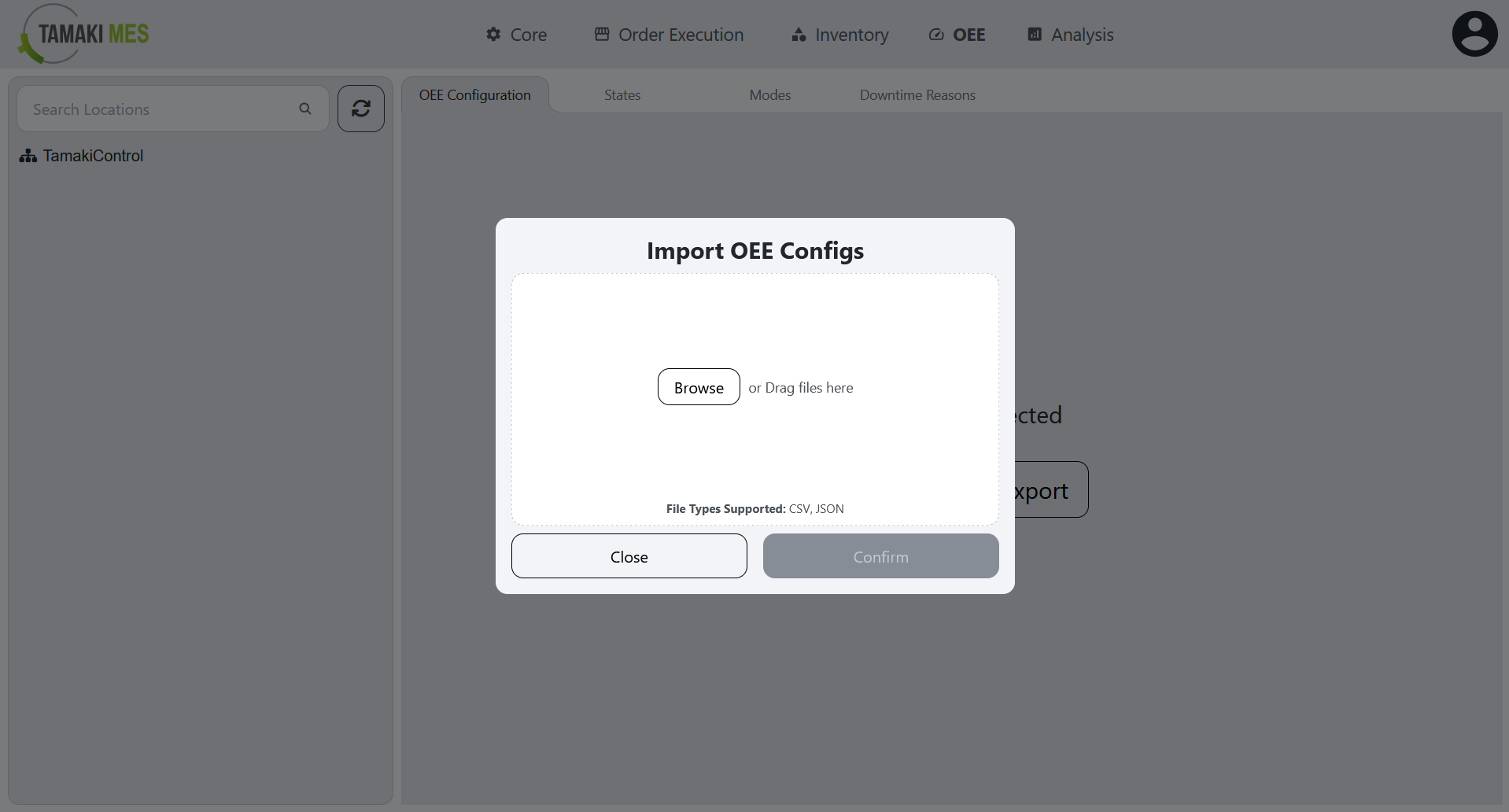 OEE Configuration Page with an import menu popup