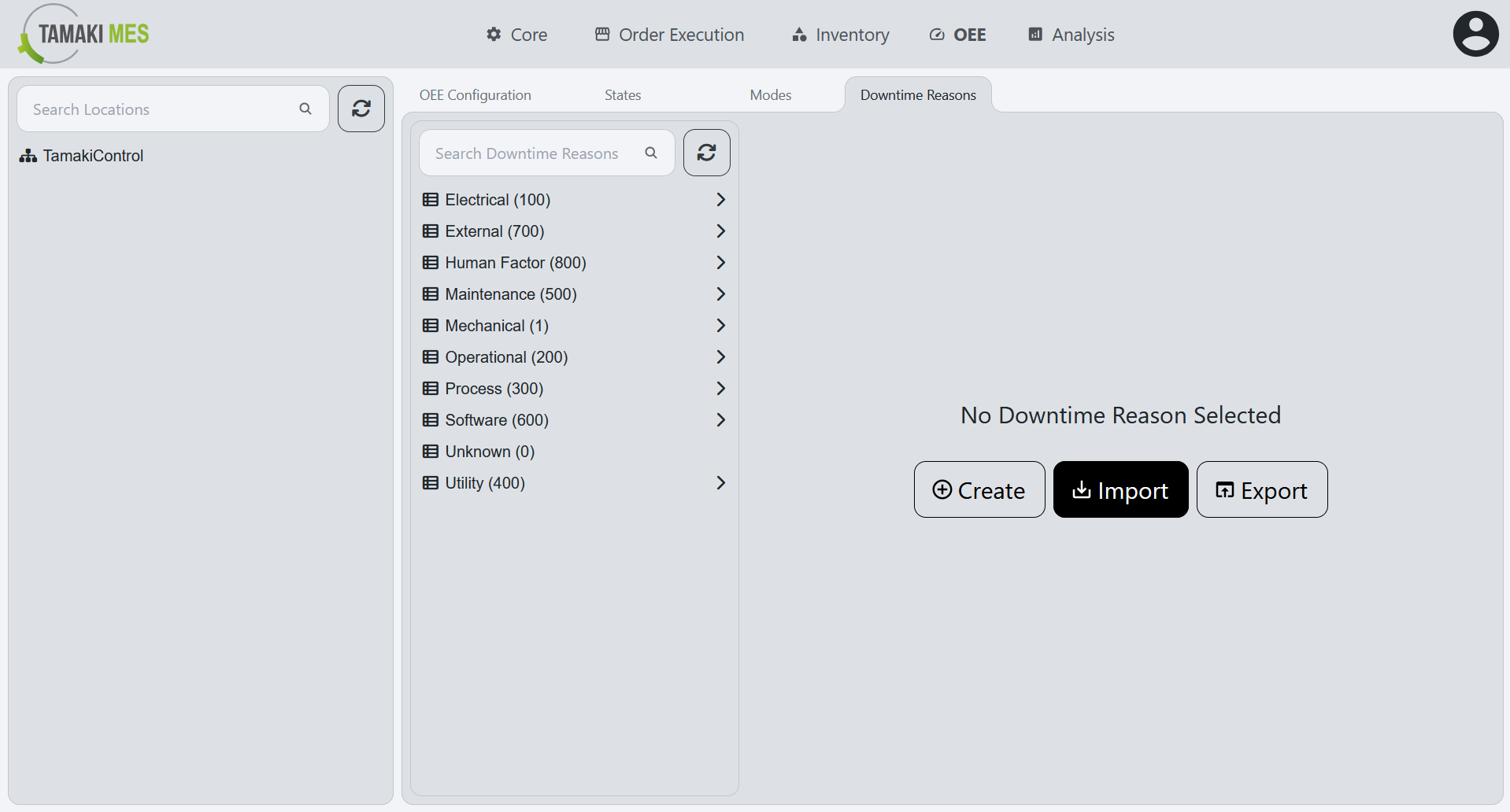 OEE Availability Reasons Page with the import button highlighted on the default page