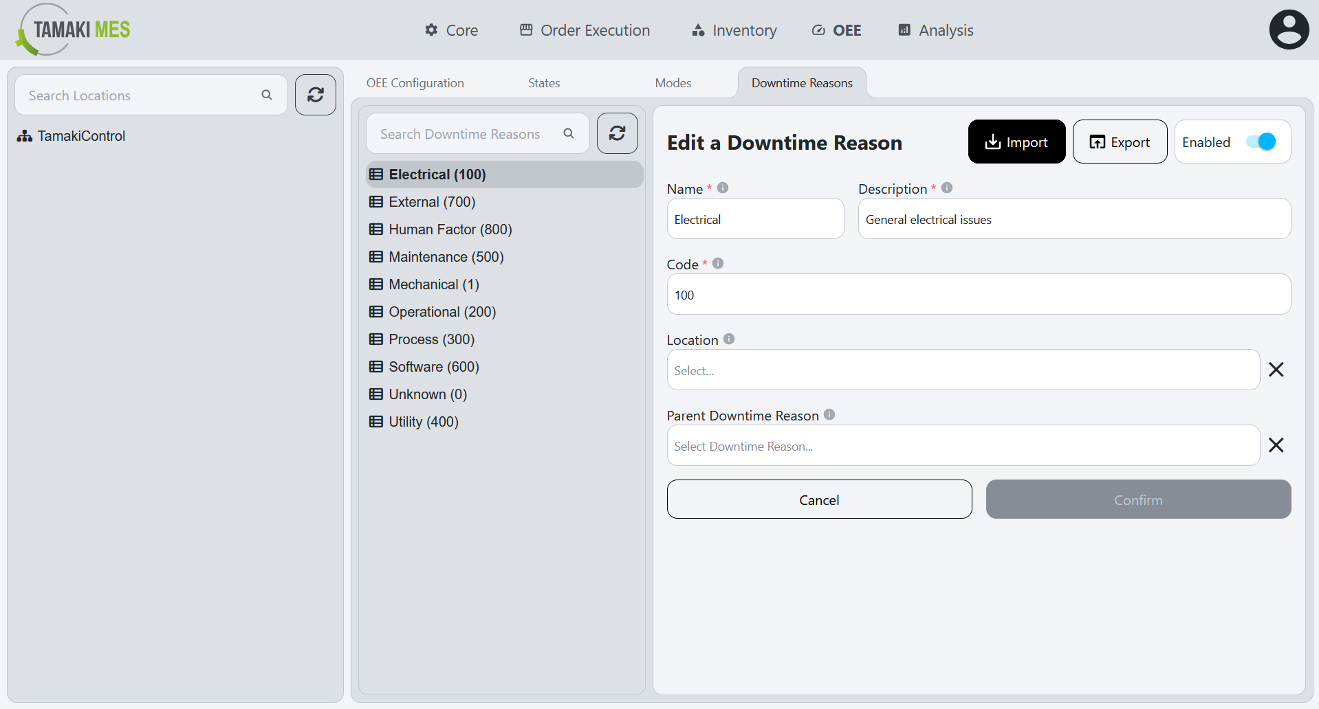 OEE Availability Reasons Page with the import button highlighted when editing an OEE availability reason