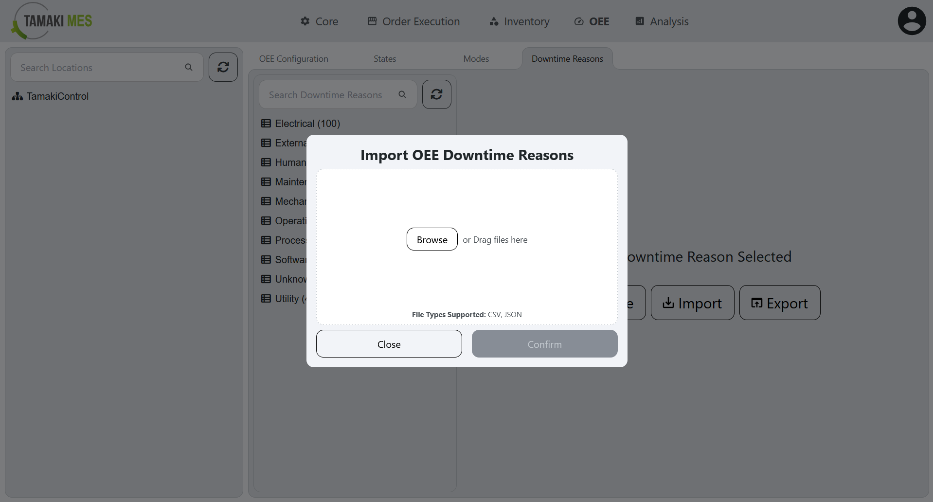 OEE Availability Reasons Page with an import menu popup