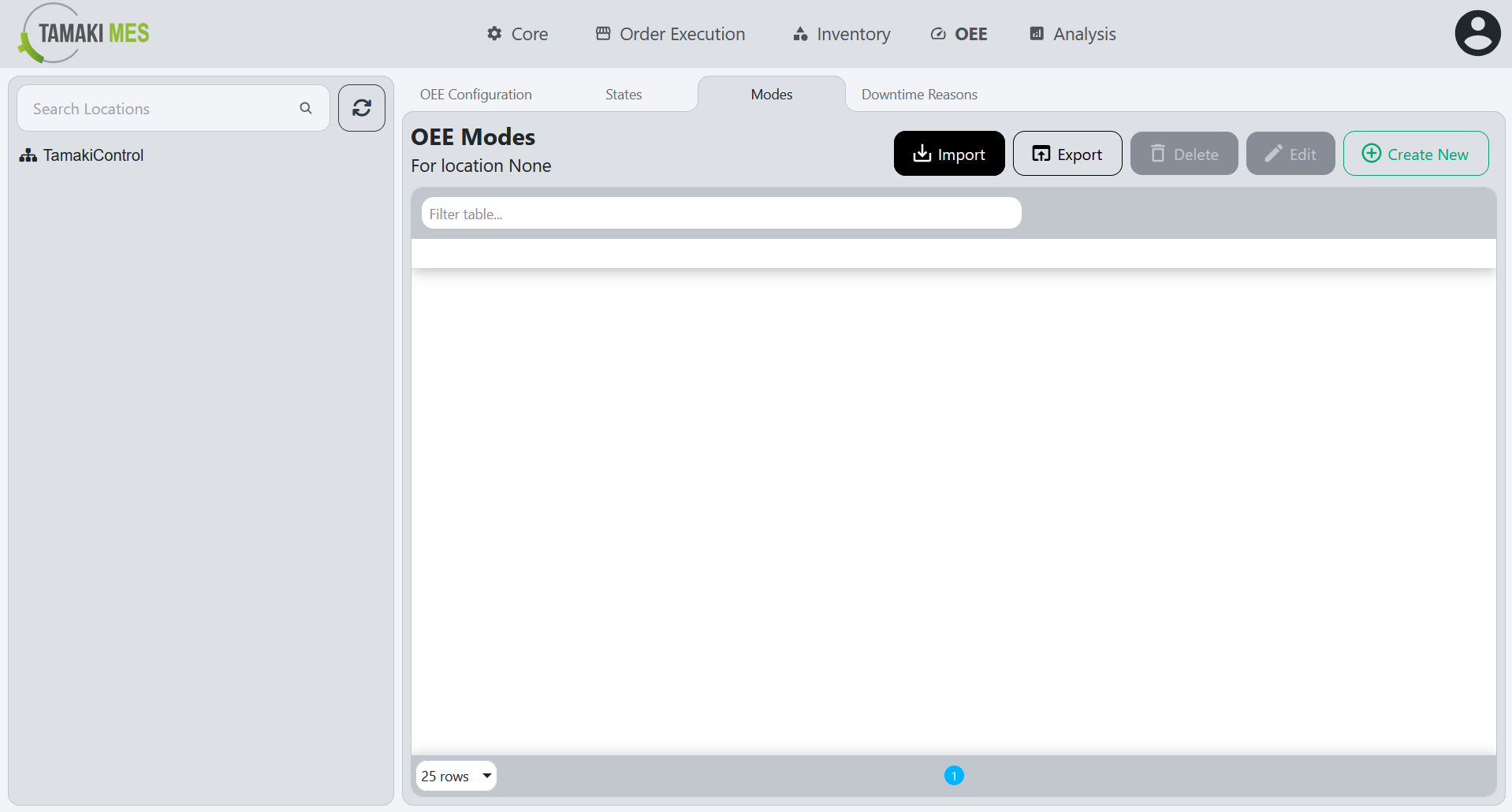 OEE Modes Page with the import button highlighted