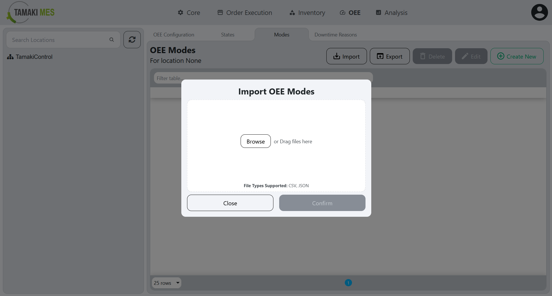 OEE Modes Page with an import menu popup