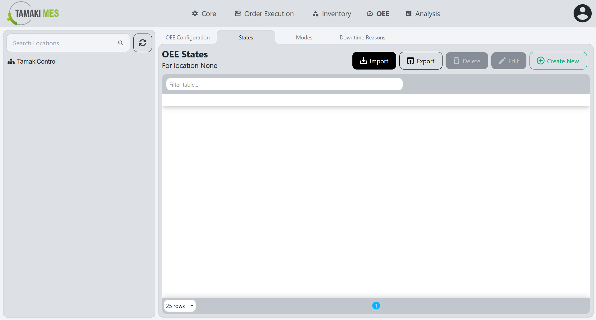 OEE States Page with the import button highlighted