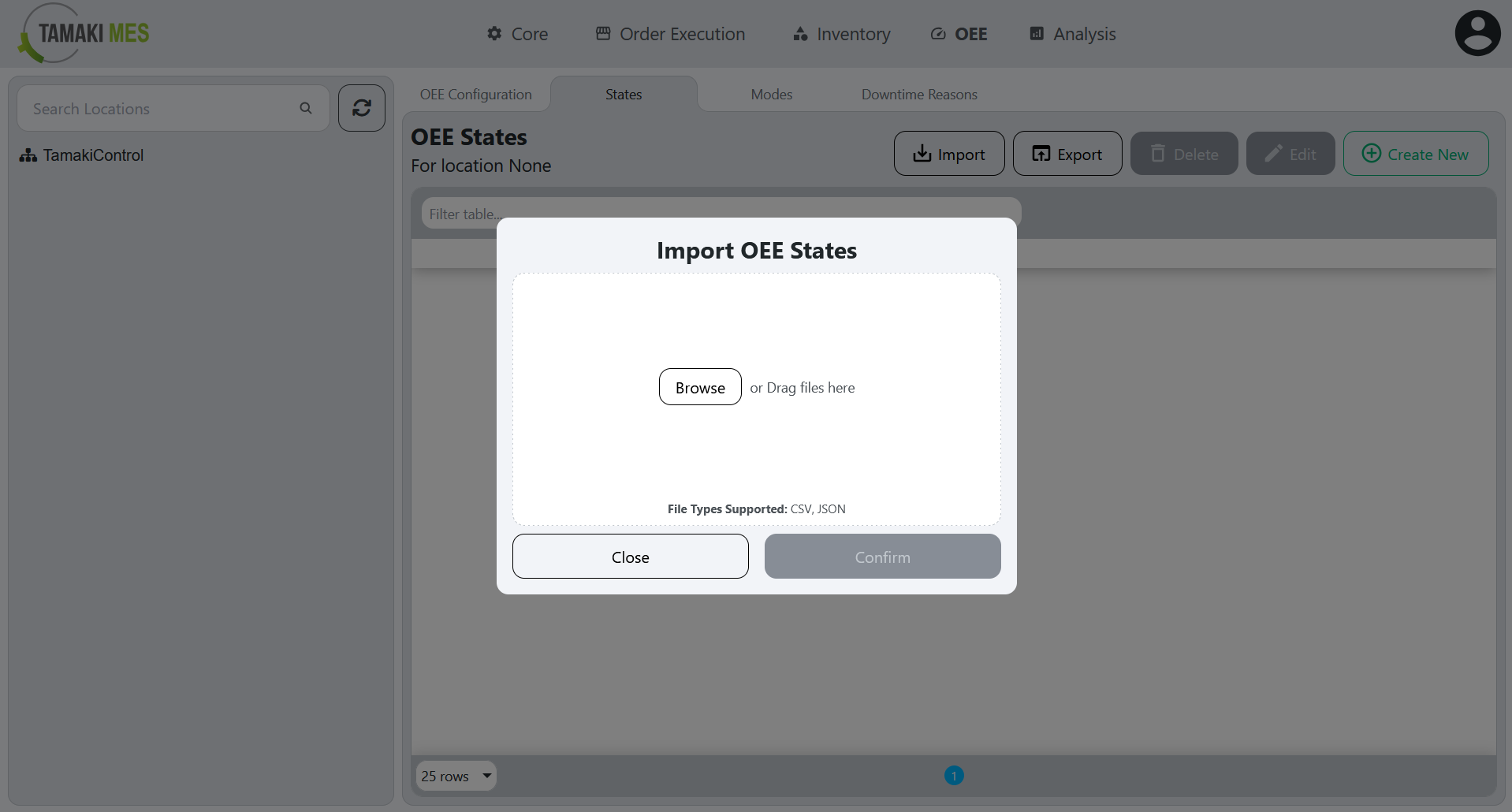 OEE States Page with an import menu popup