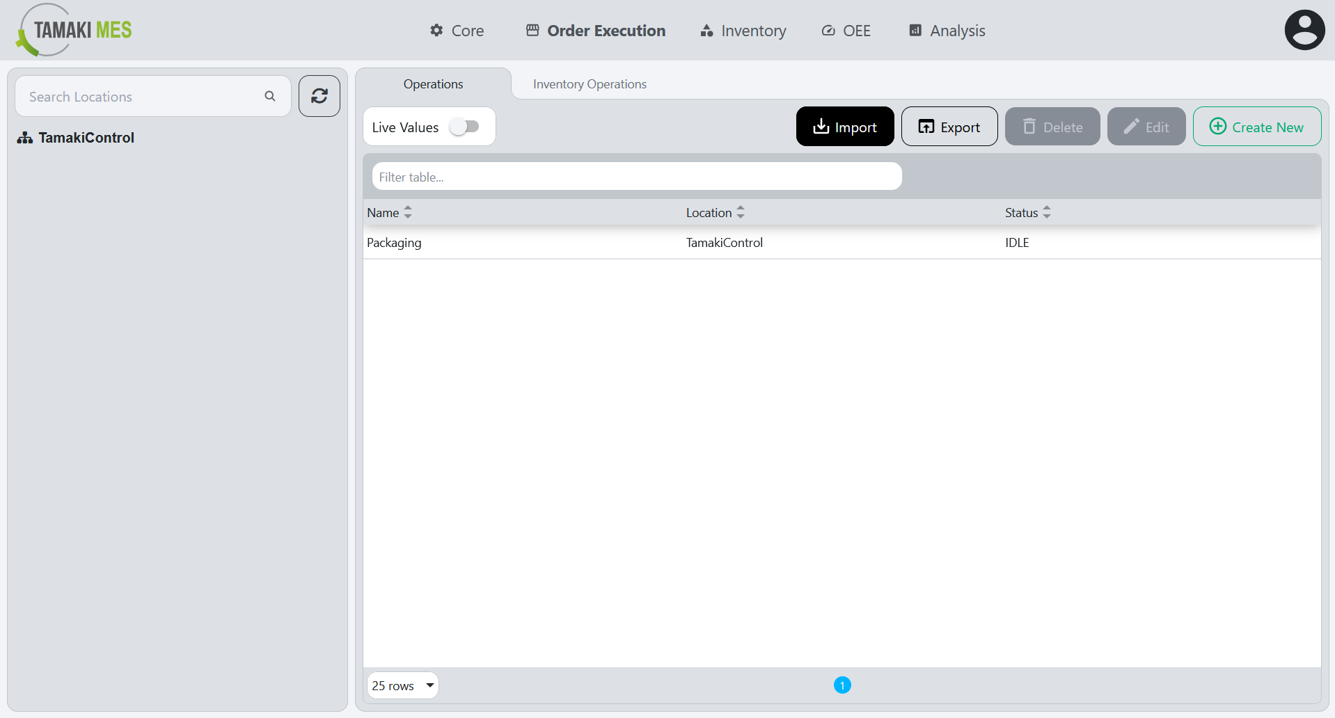 Operations Page with the import button highlighted