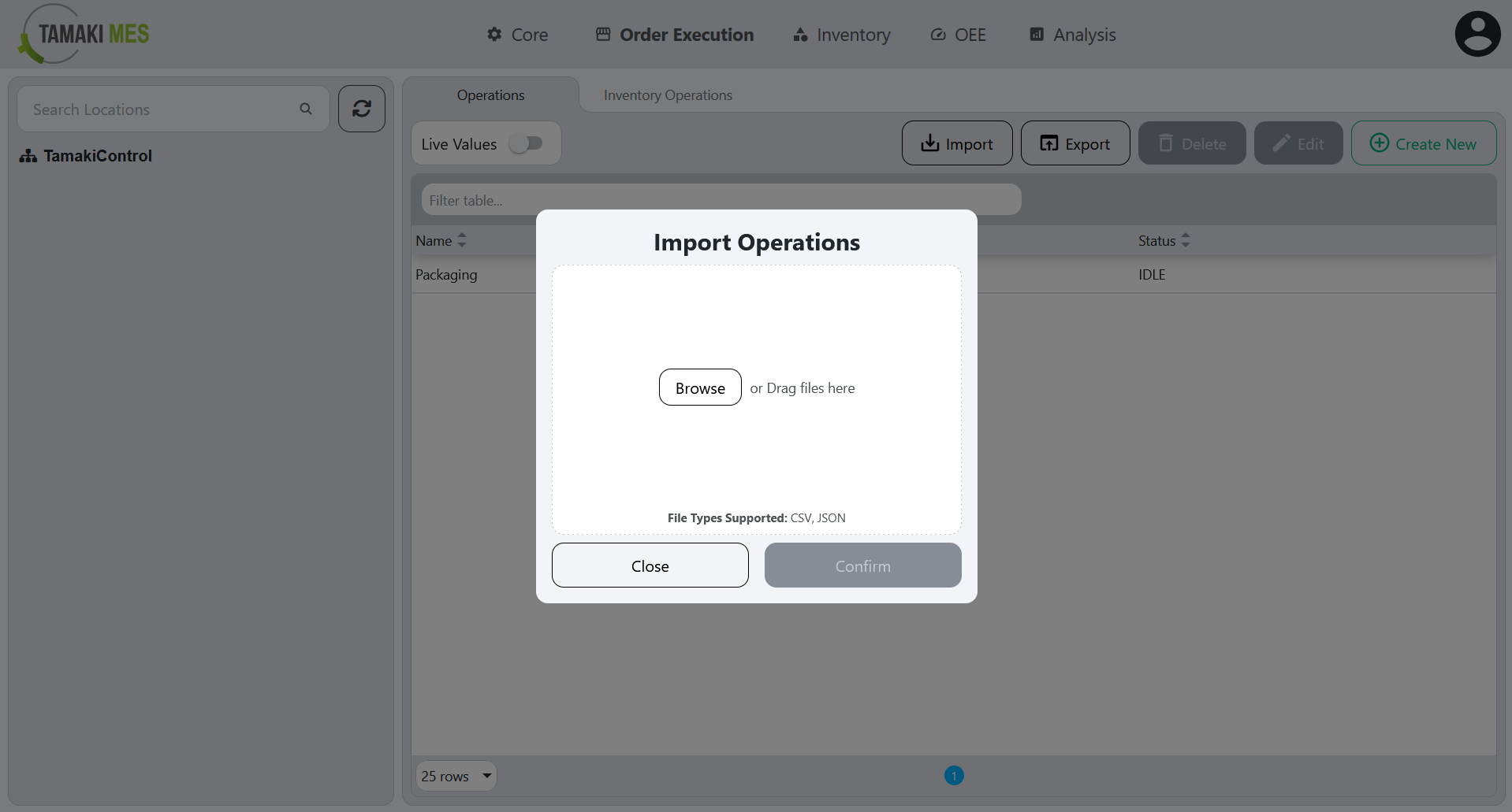 Operations Page with an import menu popup