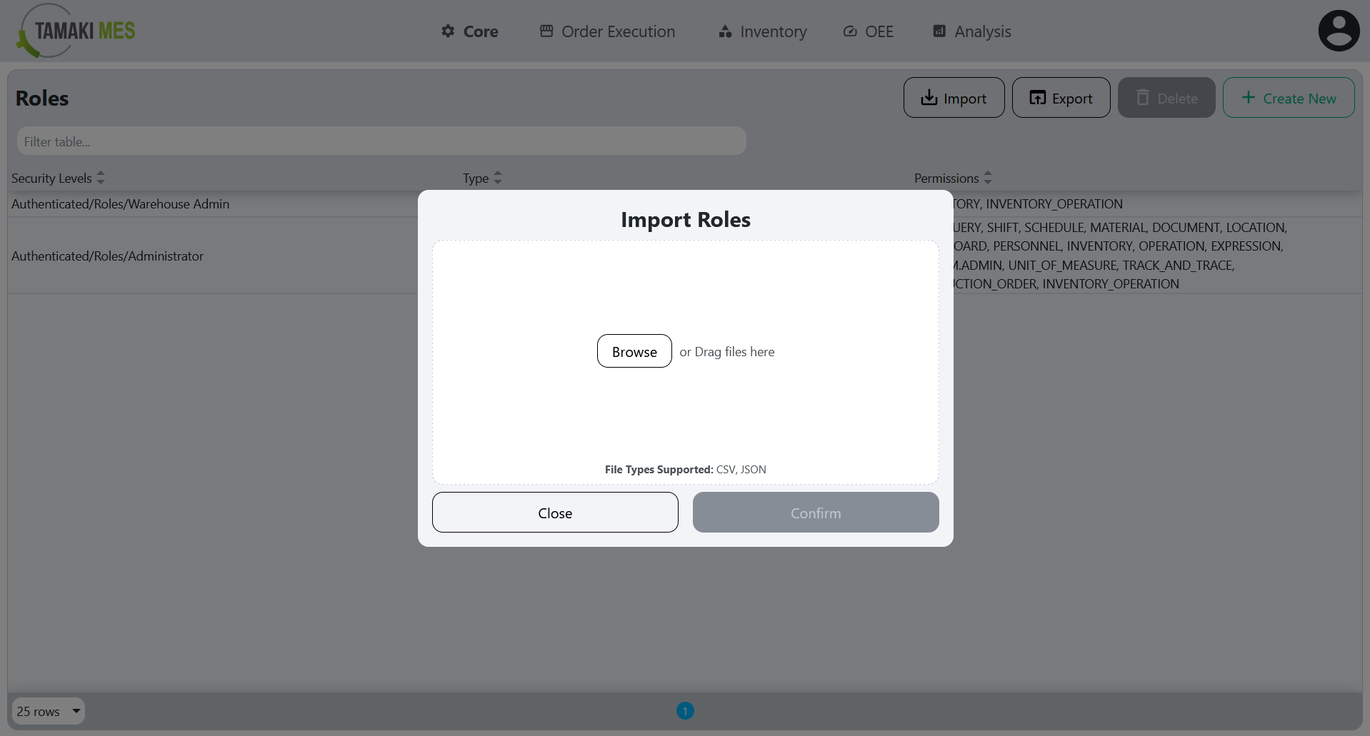 Roles Page with an import menu popup