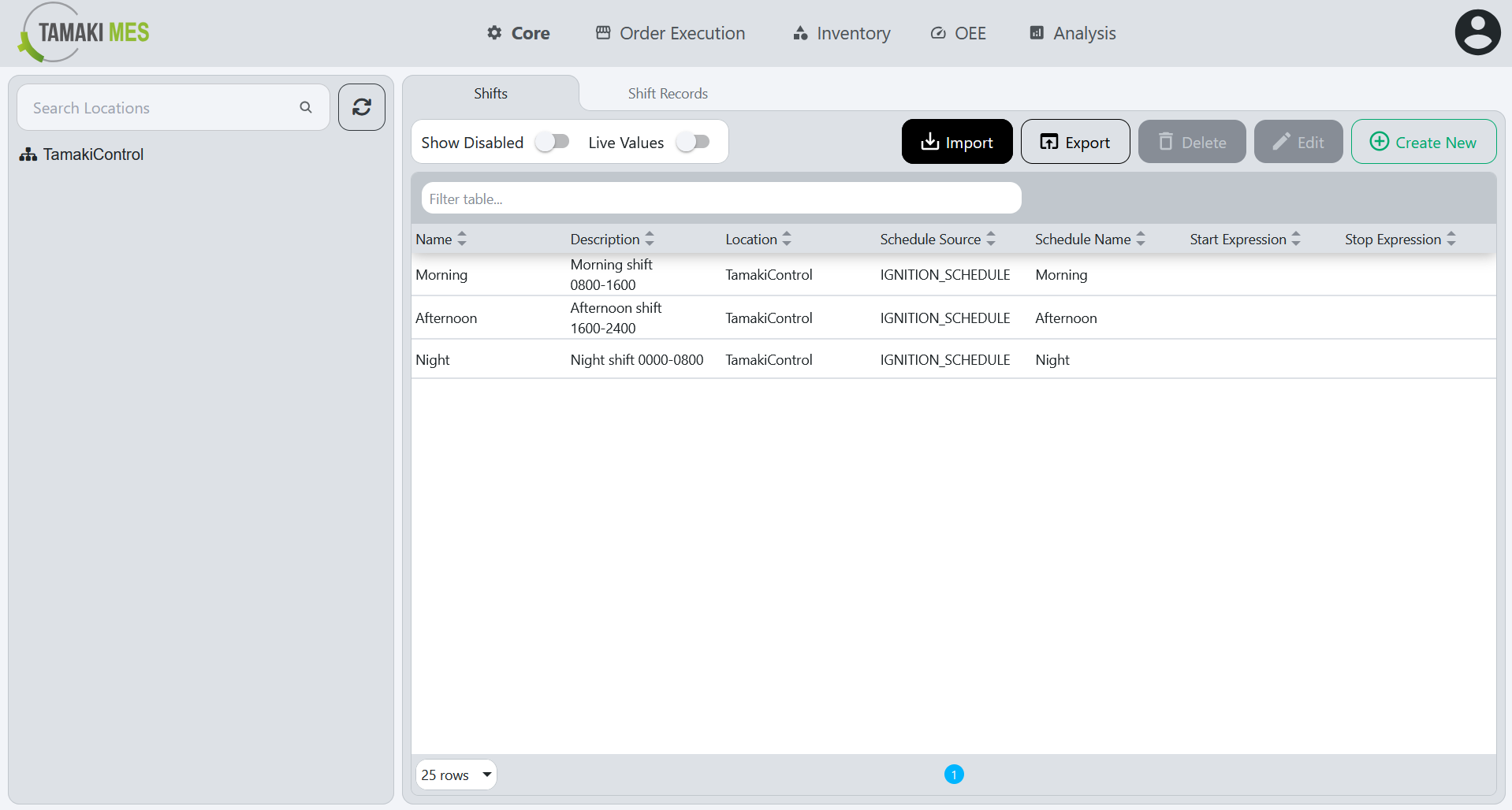 Shifts Page with the import button highlighted