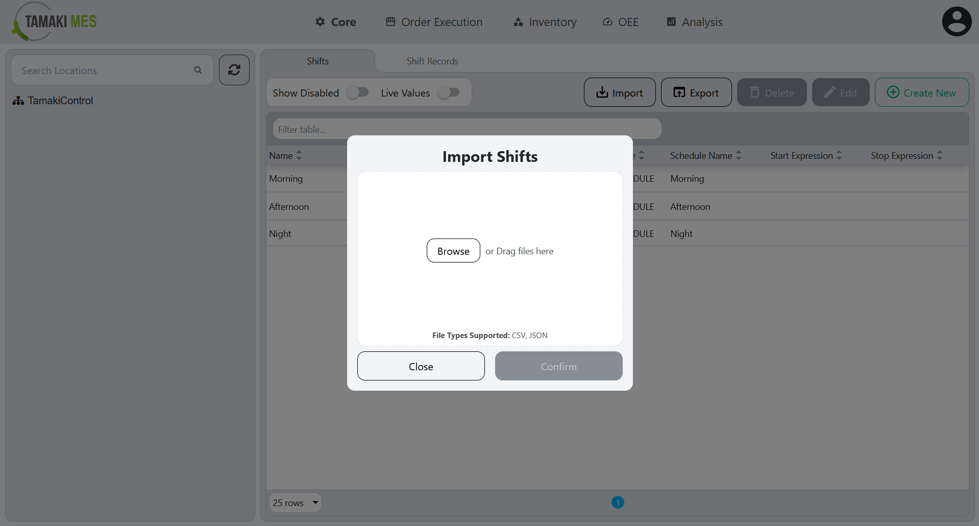Shifts Page with an import menu popup