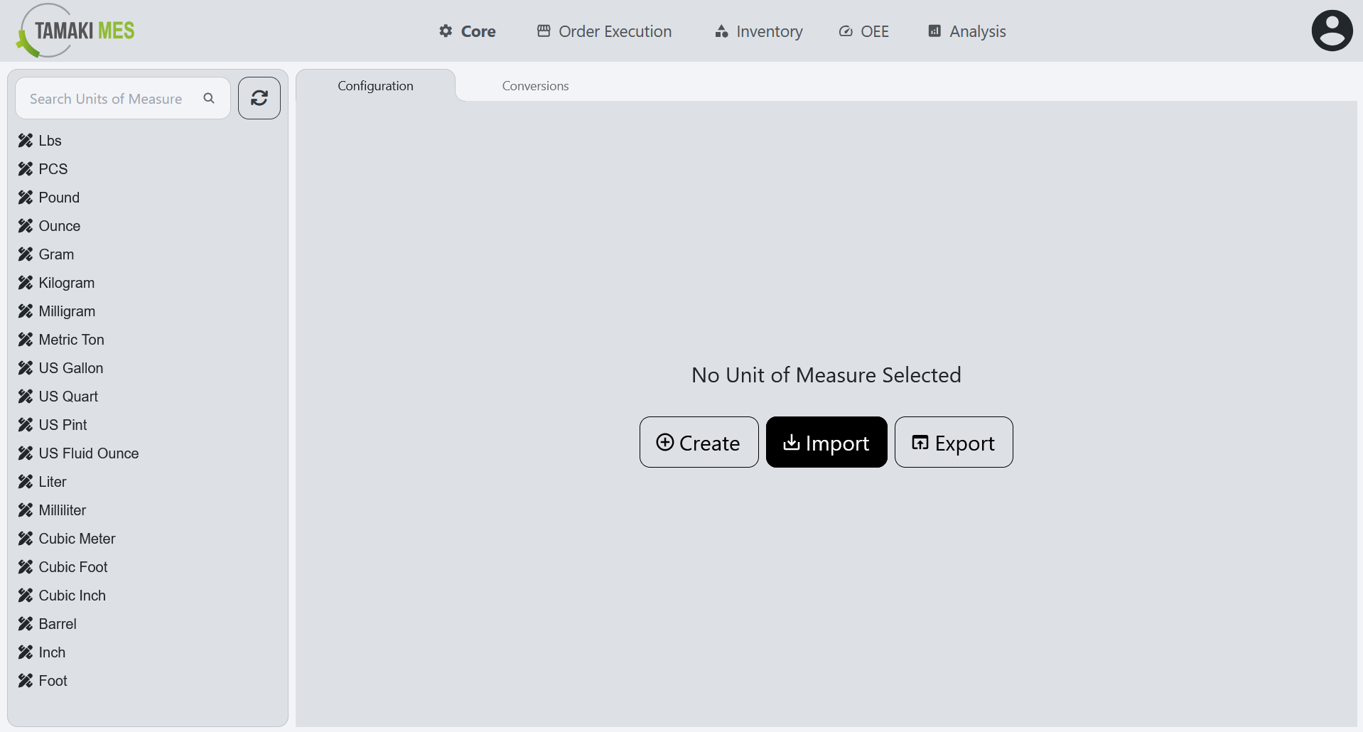 UoM Configuration Page with the import button highlighted on the default page