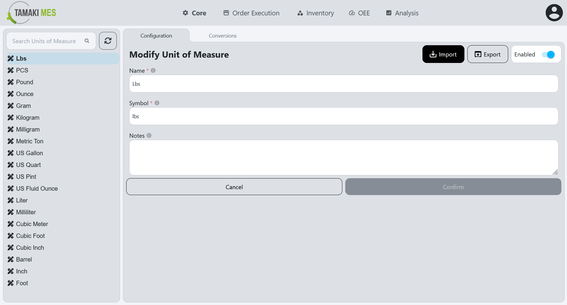 UoM Configuration Page with the import button highlighted when editing a UoM