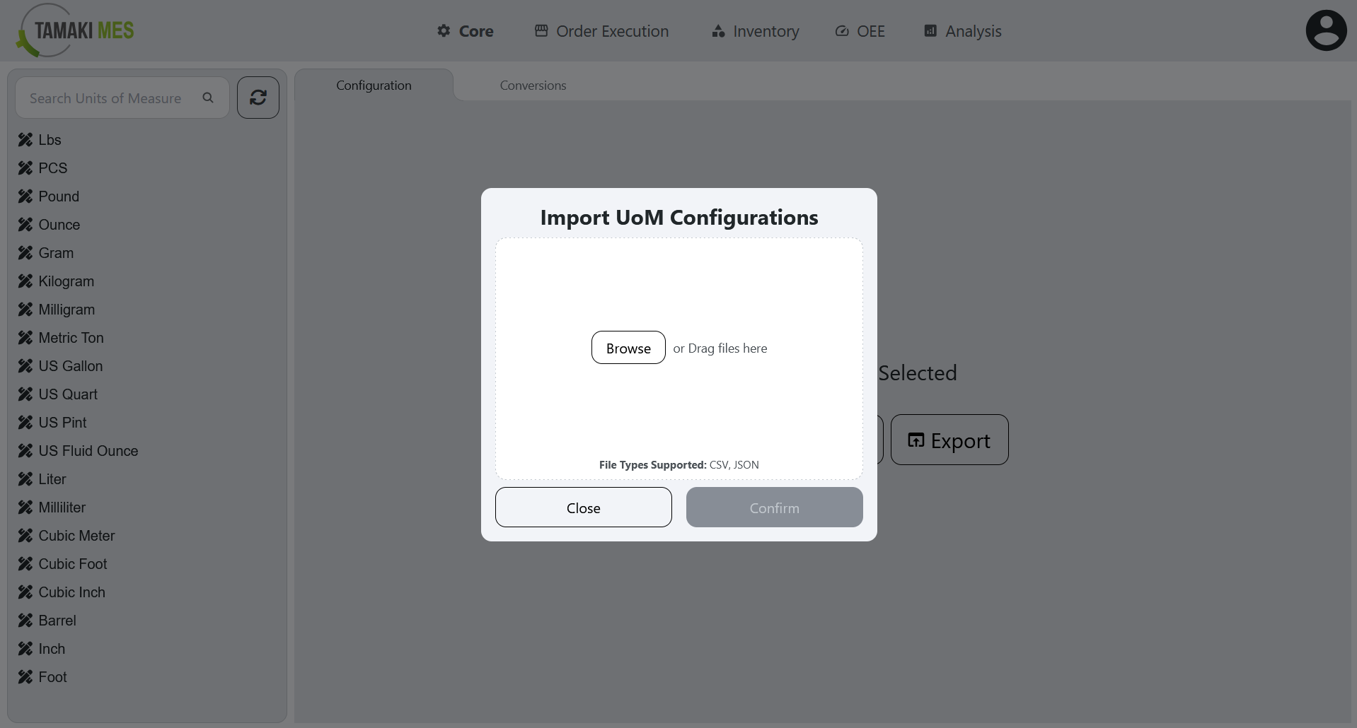 UoM Configuration Page with an import menu popup