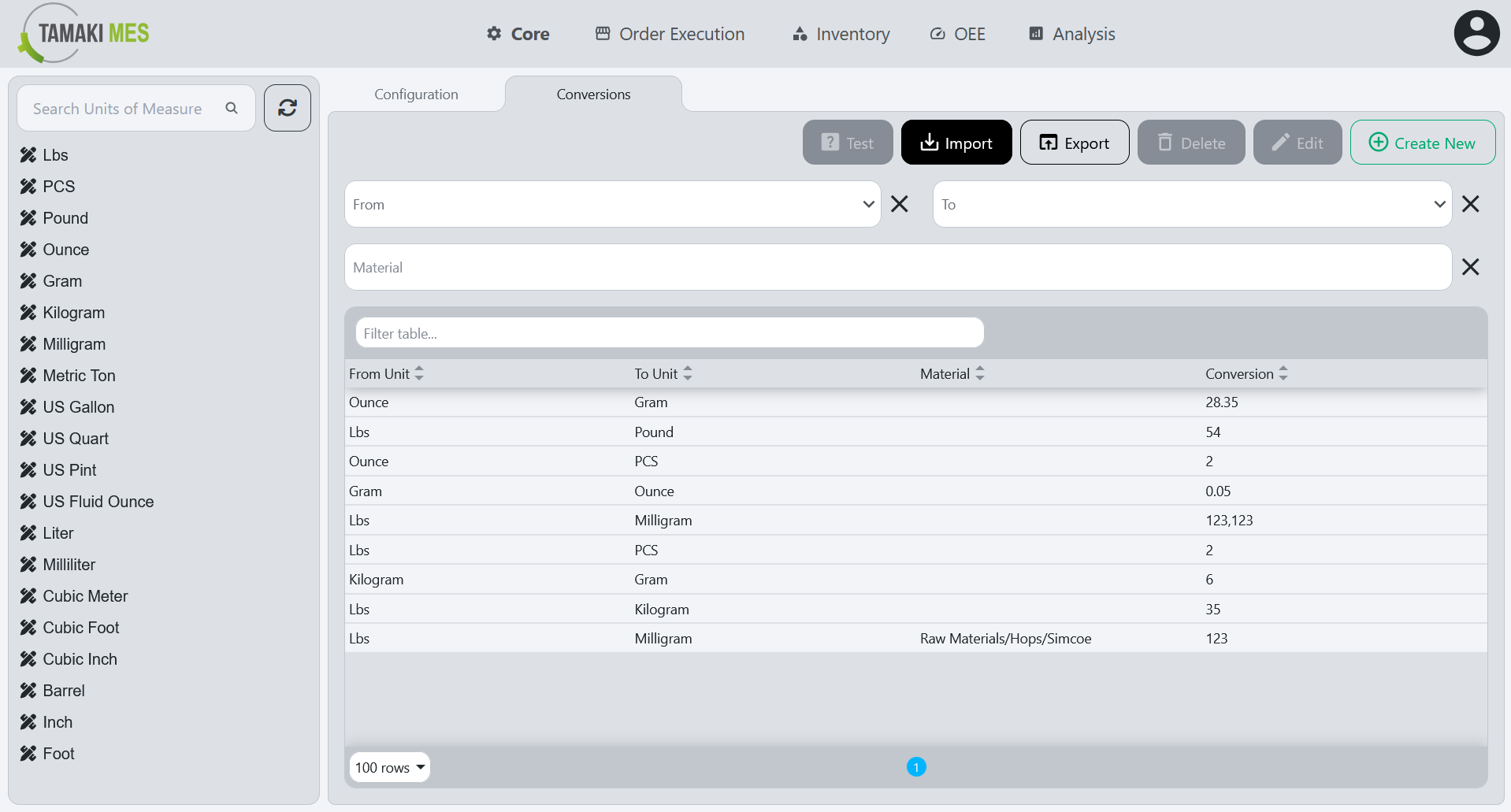 UoM Conversions Page with the import button highlighted