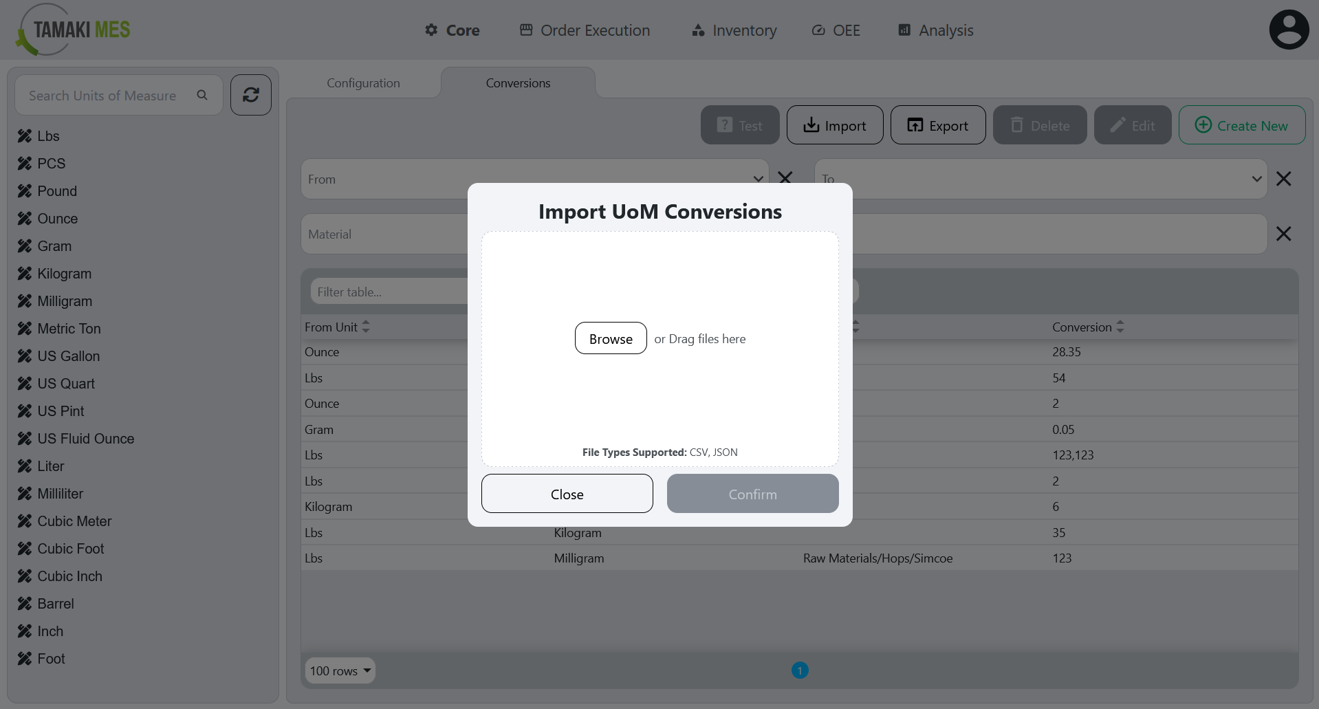 UoM Conversions Page with an import menu popup