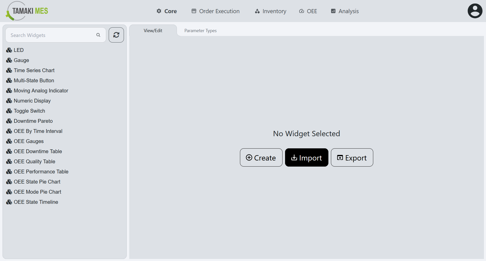 Widgets Page with the import button highlighted on the default page