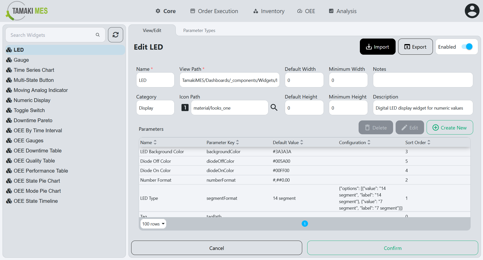 Widgets Page with the import button highlighted when editing a widget
