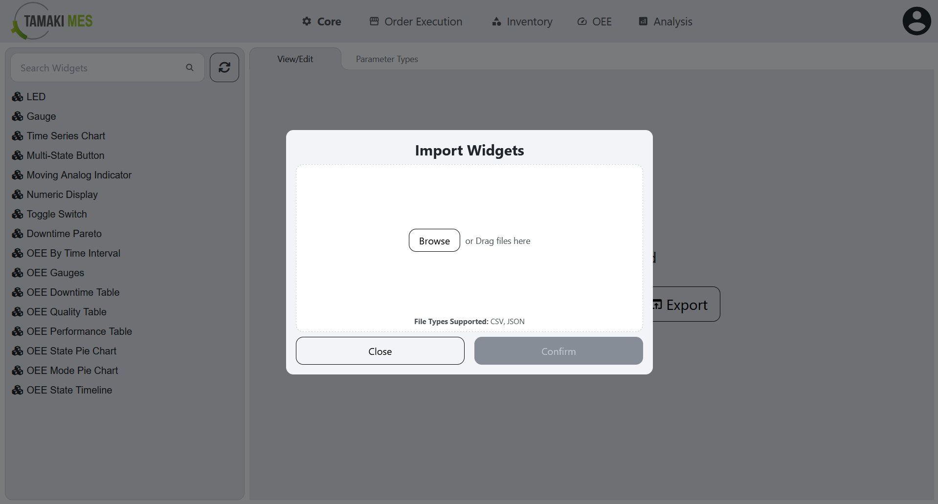Widgets Page with an import menu popup