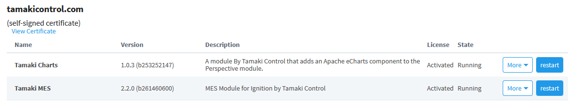 Modules page with Tamaki MES installed