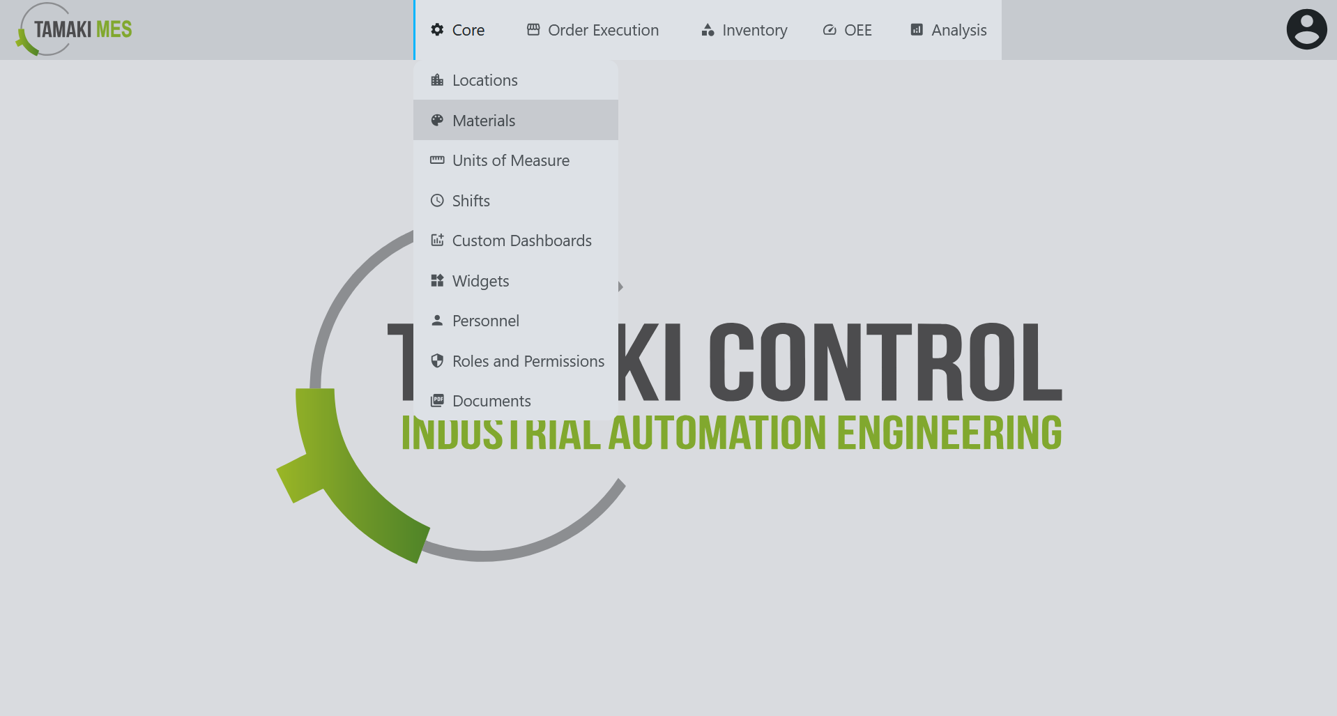 Navigation menu showing the Materials selection in the core module