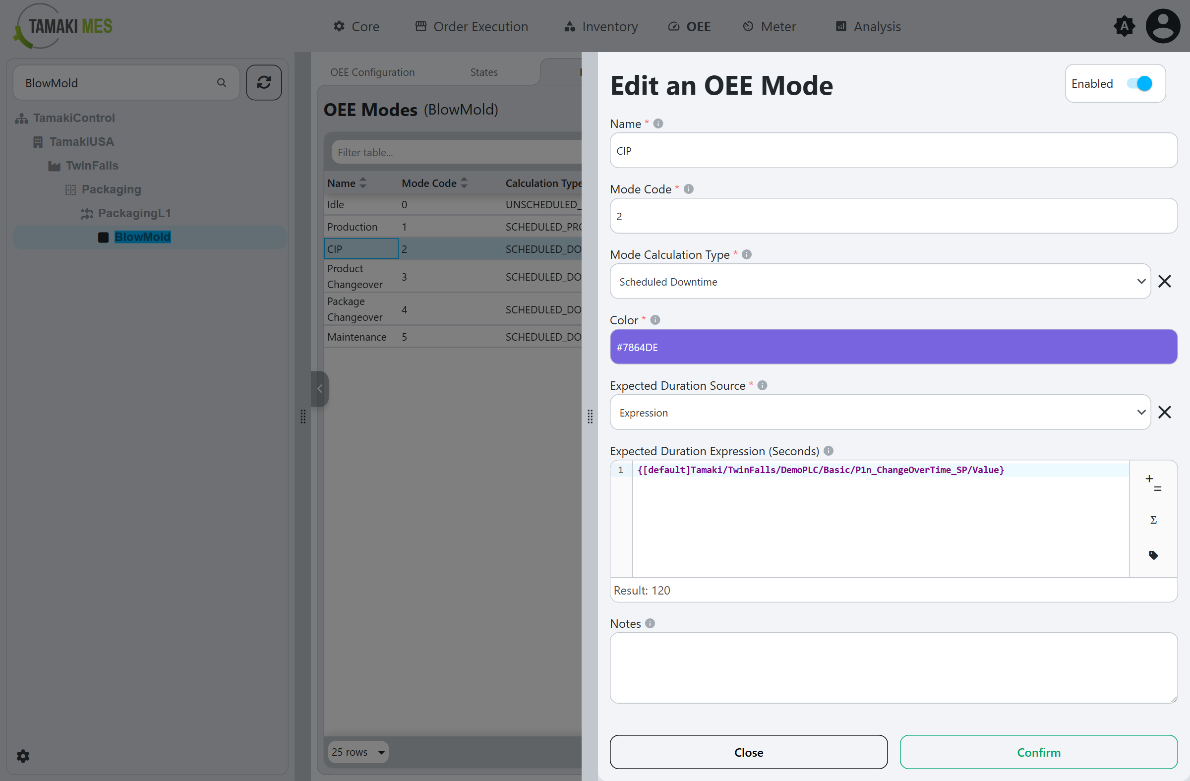 Edit an OEE Mode popup showing the fields for the CIP mode