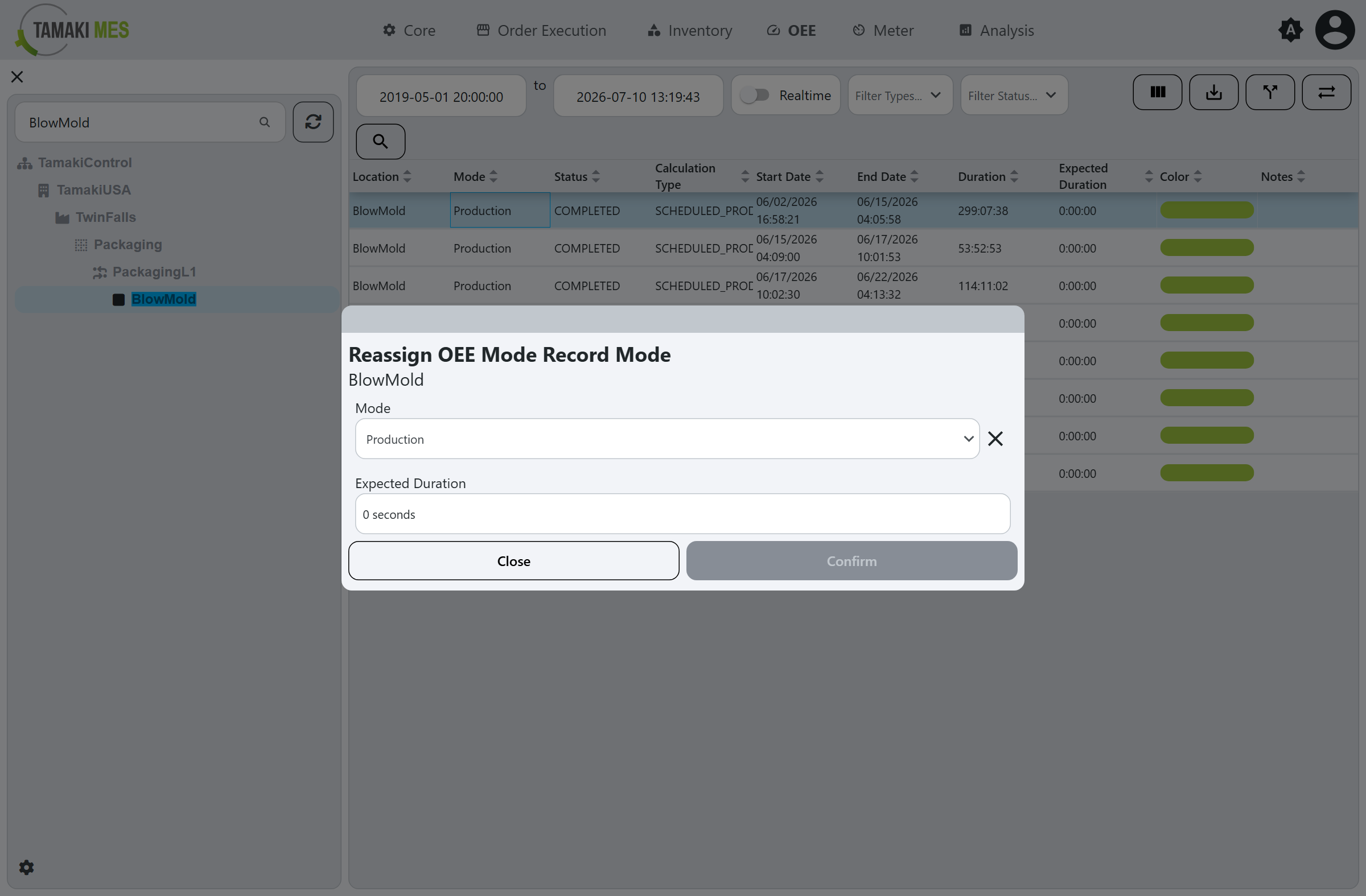 Reassign OEE Mode Record Mode popup with a mode dropdown and expected duration