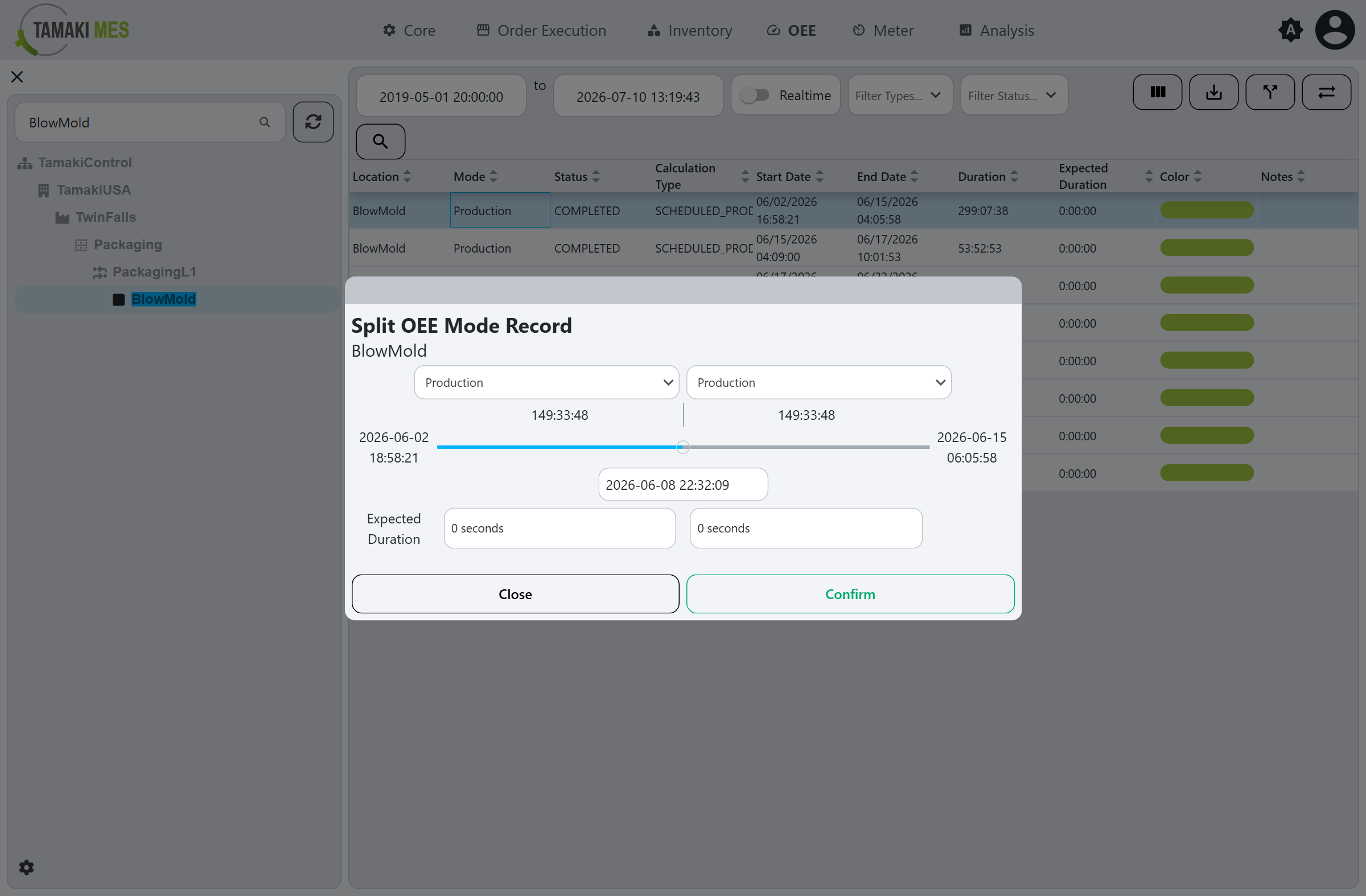 Split OEE Mode Record popup with two mode dropdowns and a split-point slider