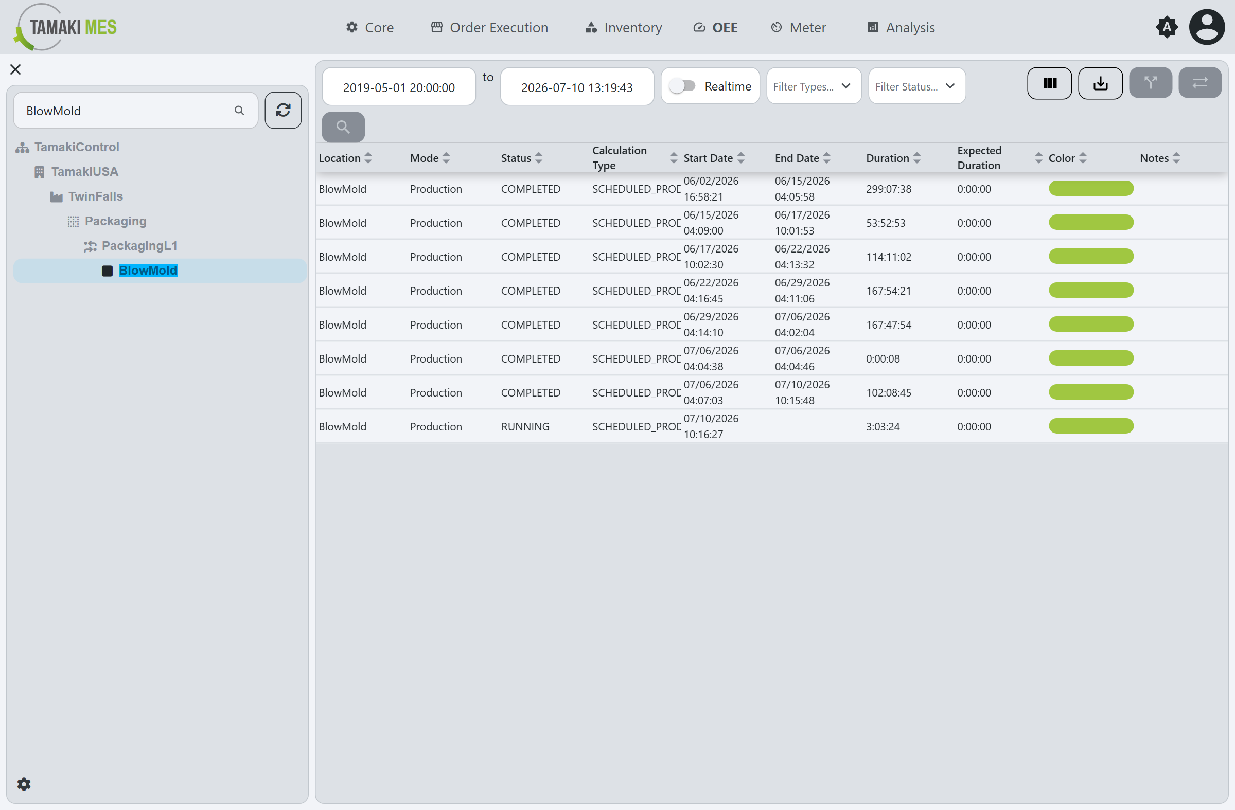 OEE Mode Records screen showing the location tree, filter toolbar, and mode records table