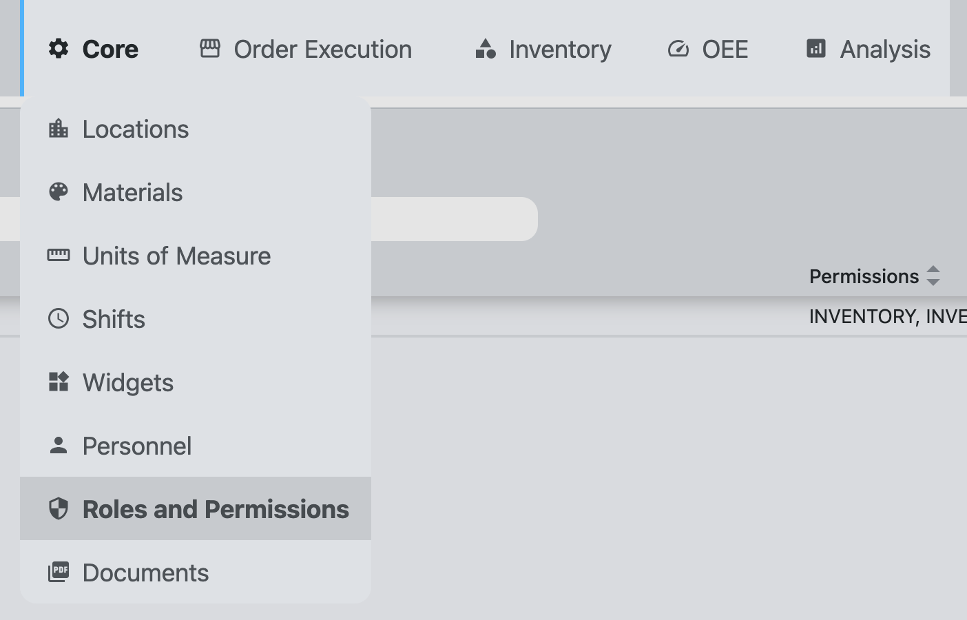 Navigation menu showing the Roles and Permissions selection in the Core MES module
