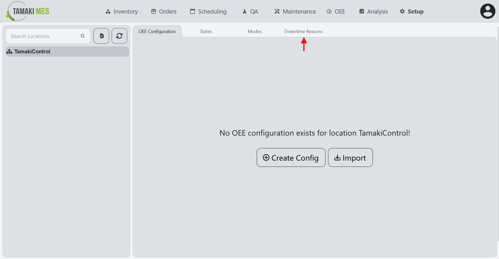 Navigation menu showing the OEE Availability Reasons selection in the OEE Configuration page