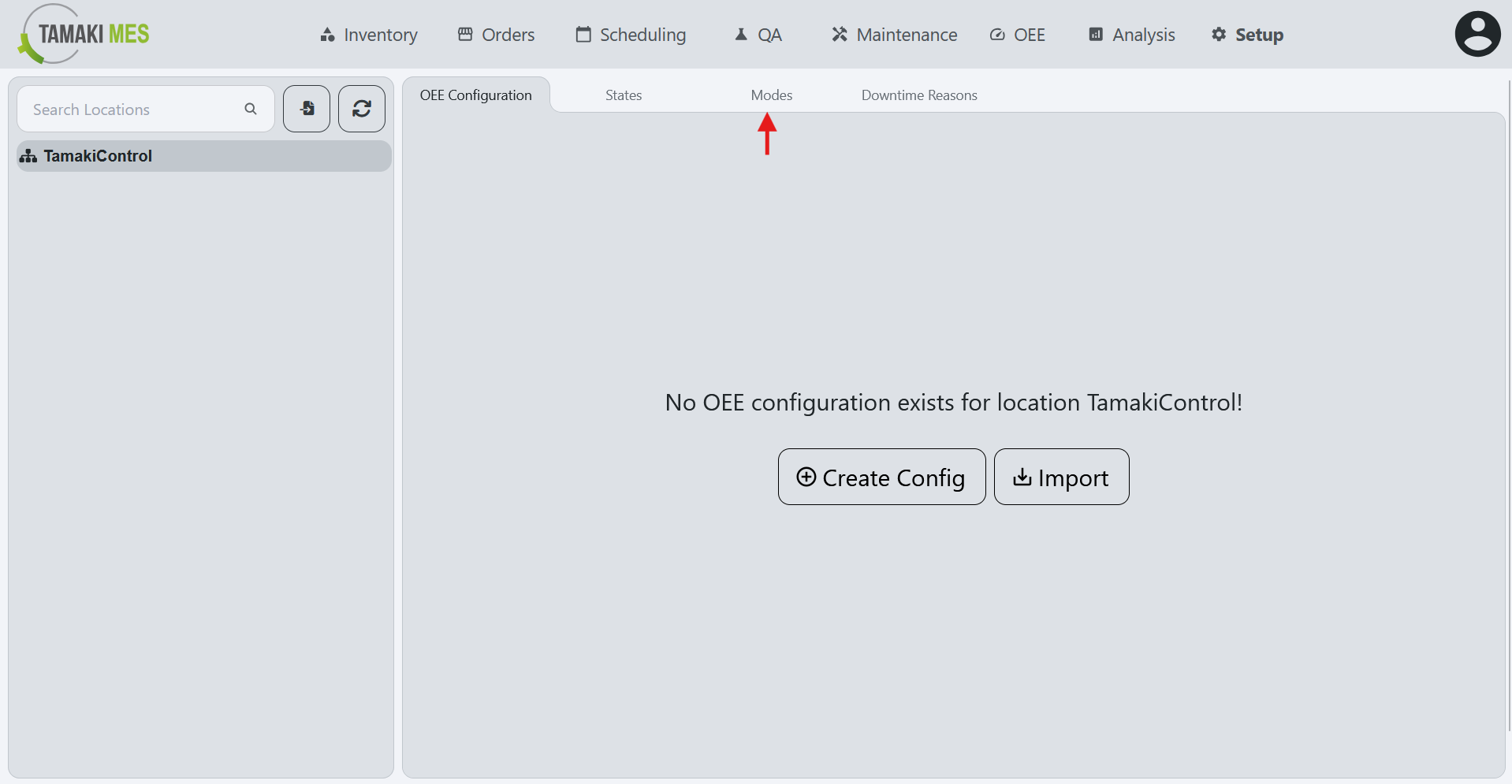 Navigation menu showing the OEE Modes selection in the OEE Configuration page