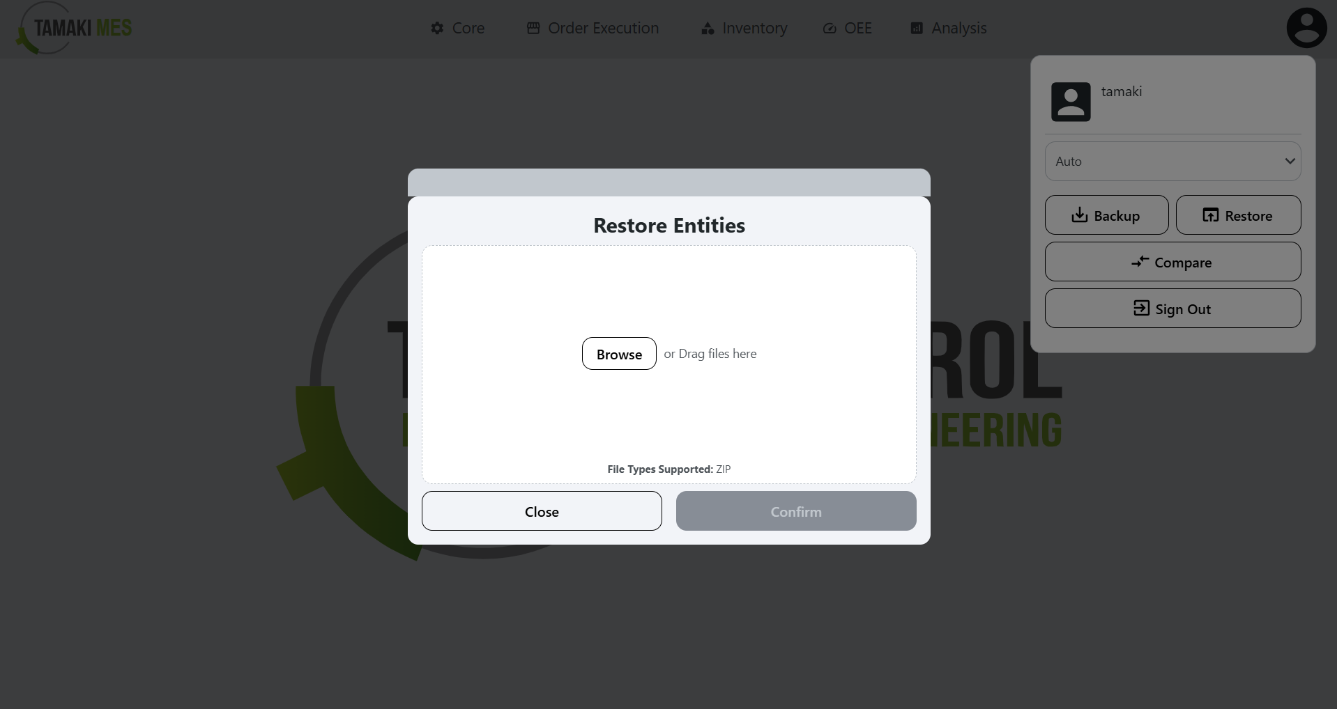 Restore menu popup