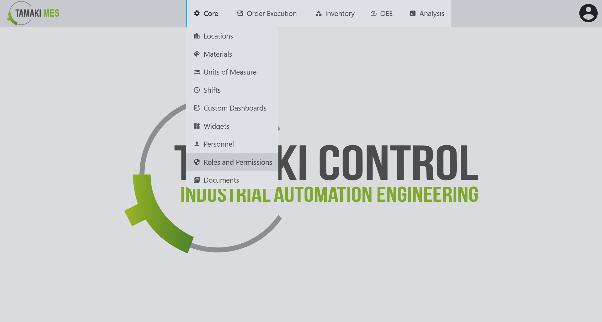 Navigation menu showing the Roles selection in the core module