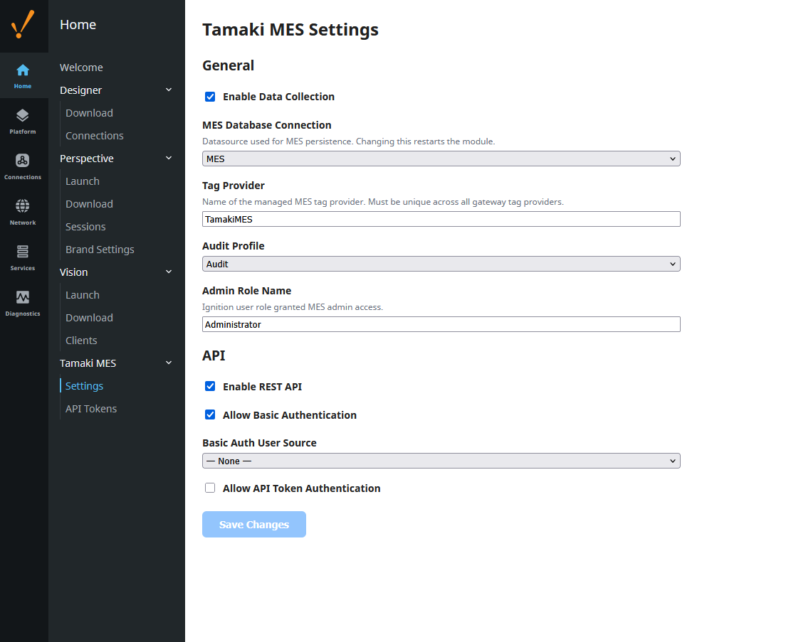 Tamaki MES Settings page