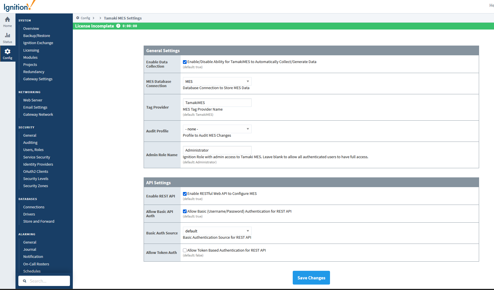 Tamaki MES Settings page