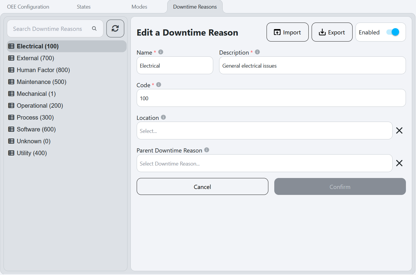 Availability reasons configuration tab showing hierarchical tree of availability reason categories