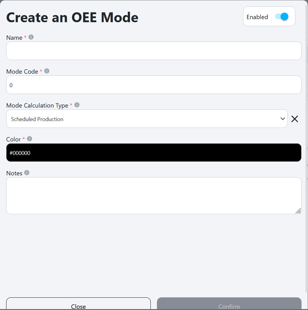 Create new mode popup with empty fields for defining mode properties