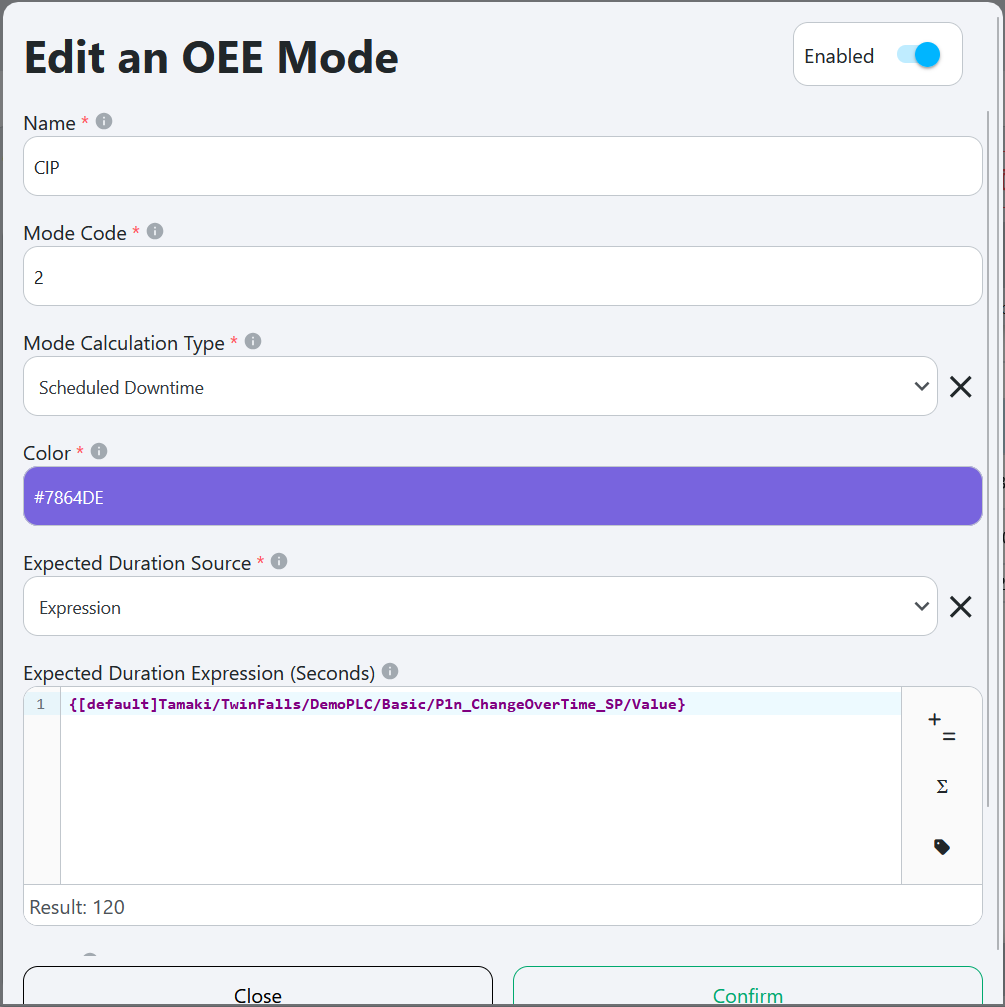 Edit mode popup with fields for mode name, code, calculation type and color selection