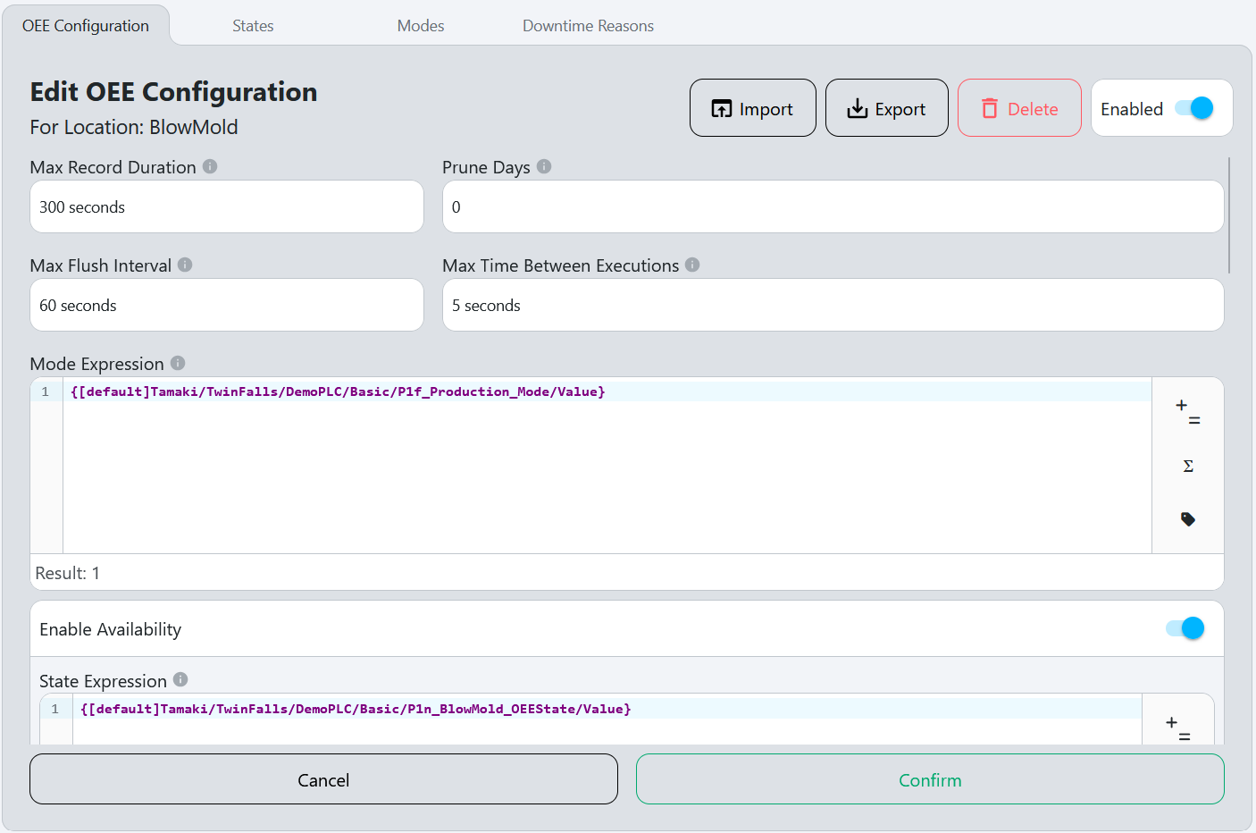 OEE Configuration tab with fields for modes, availability, performance and quality settings
