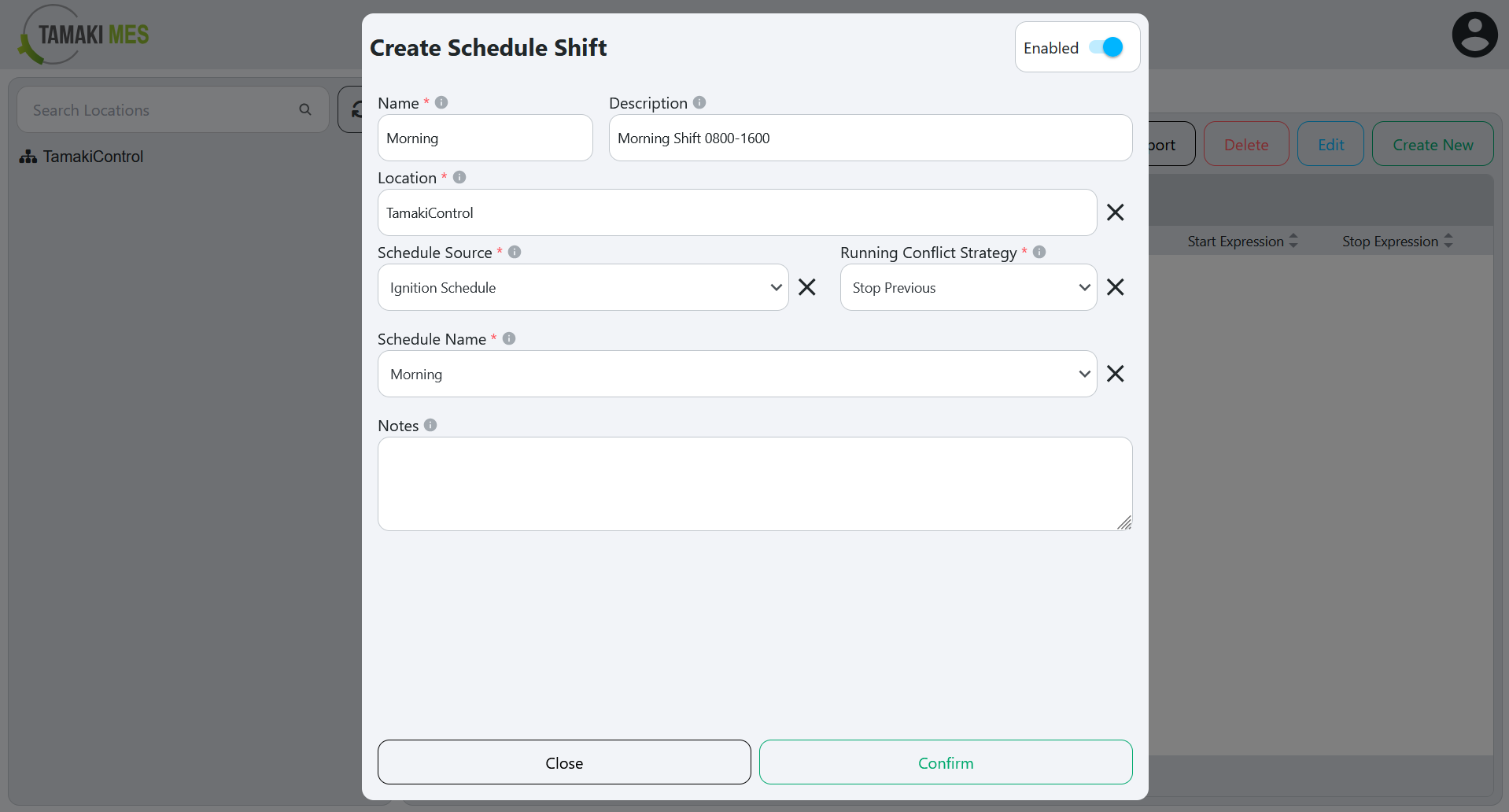 Create schedule shift popup with configuration fields