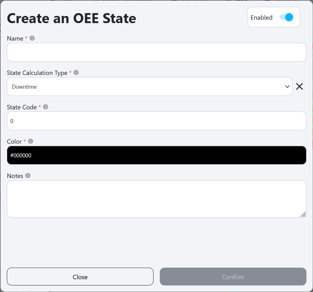 Create new state popup with empty fields for defining state properties