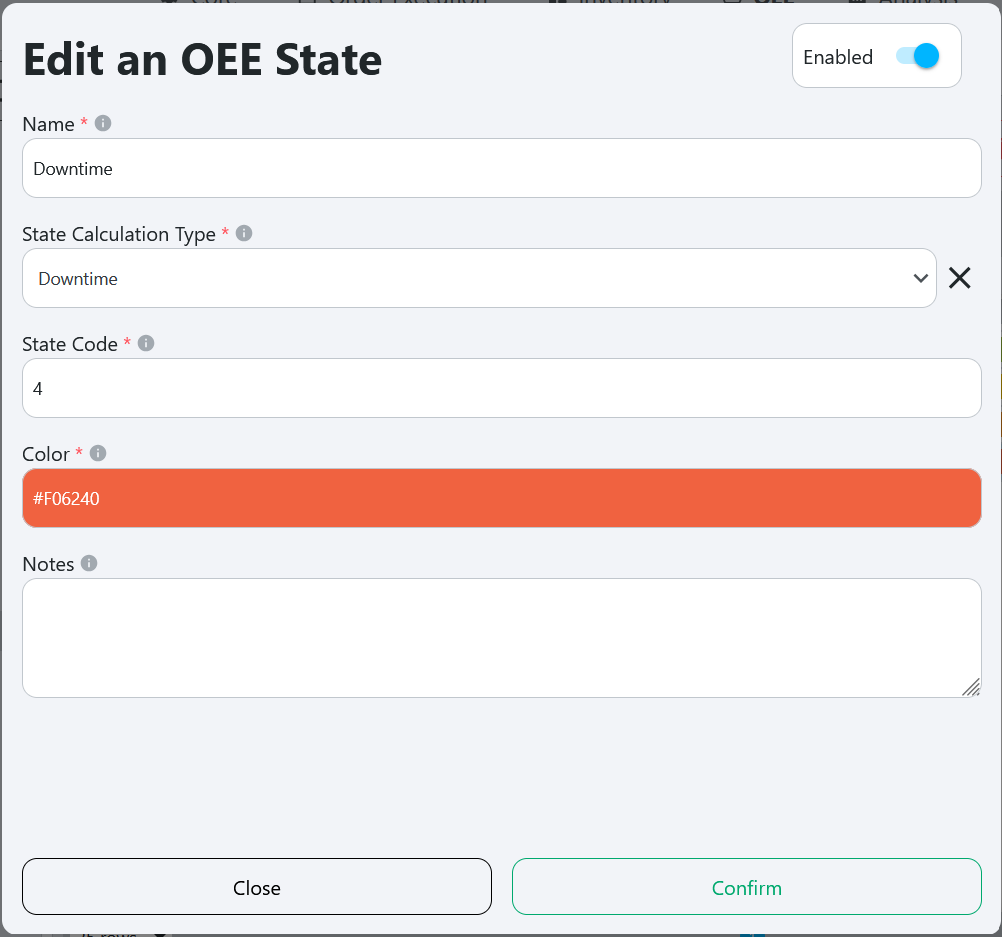 Edit state popup with fields for state name, code, calculation type and color selection