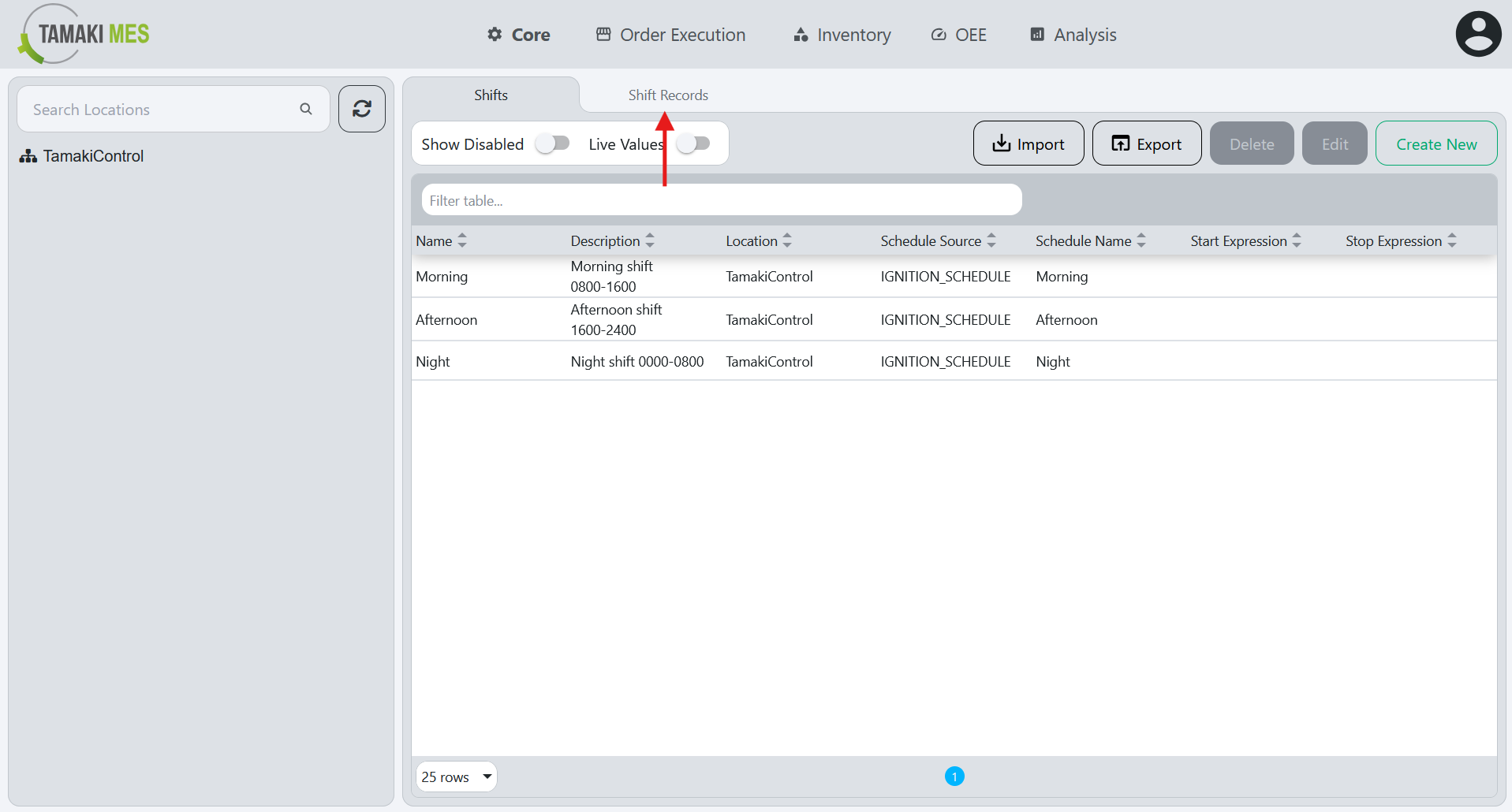 Navigation menu showing the Shift Records selection in the Shifts page