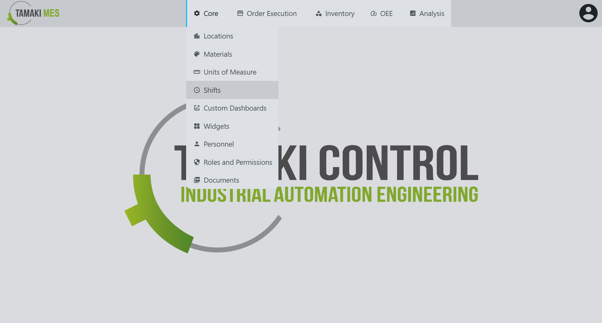 Navigation menu showing the Shifts selection in the core module